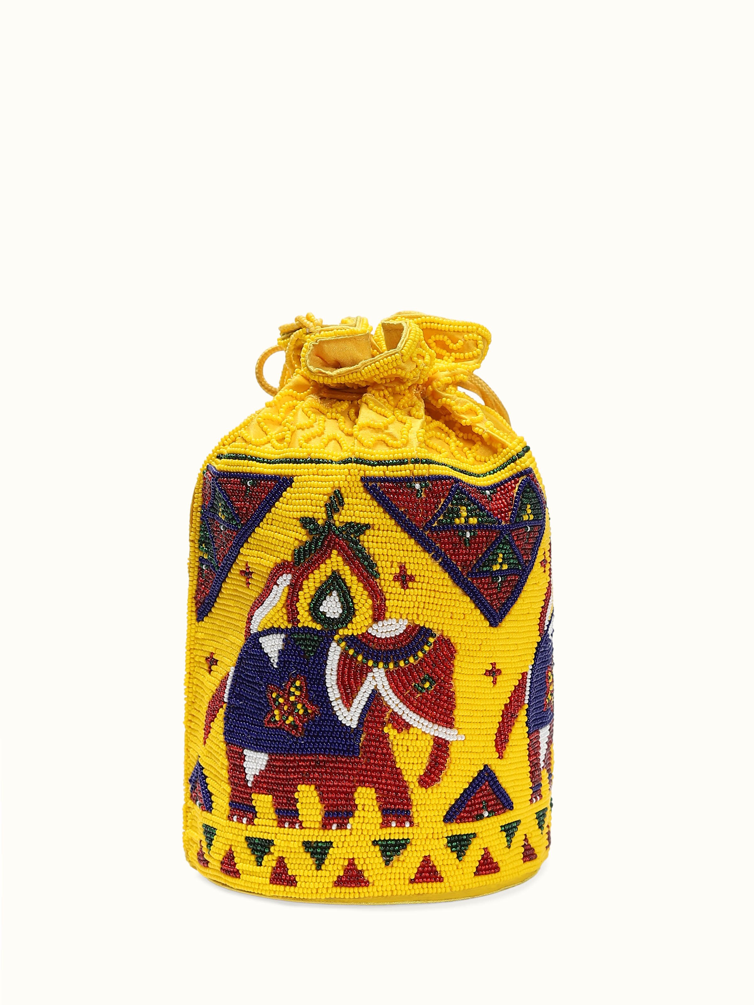 Back view of silk beadwork potli bag with complete design