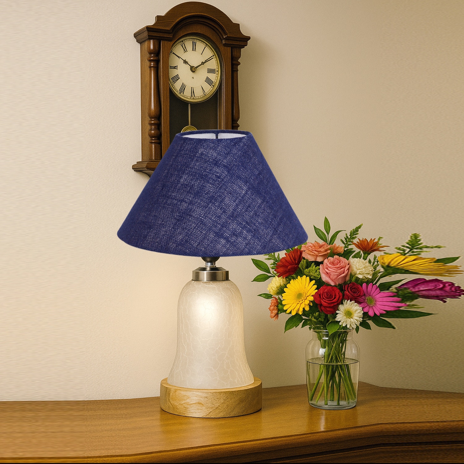 Devansh Conical Blue Jute Shade Lamp With Wood & Mosaic Glass Base For Decoration/Office/Home/Gifting/Study For Decoration/Office/Home/Gifting/Study -(10X10X14.5) Inches -A