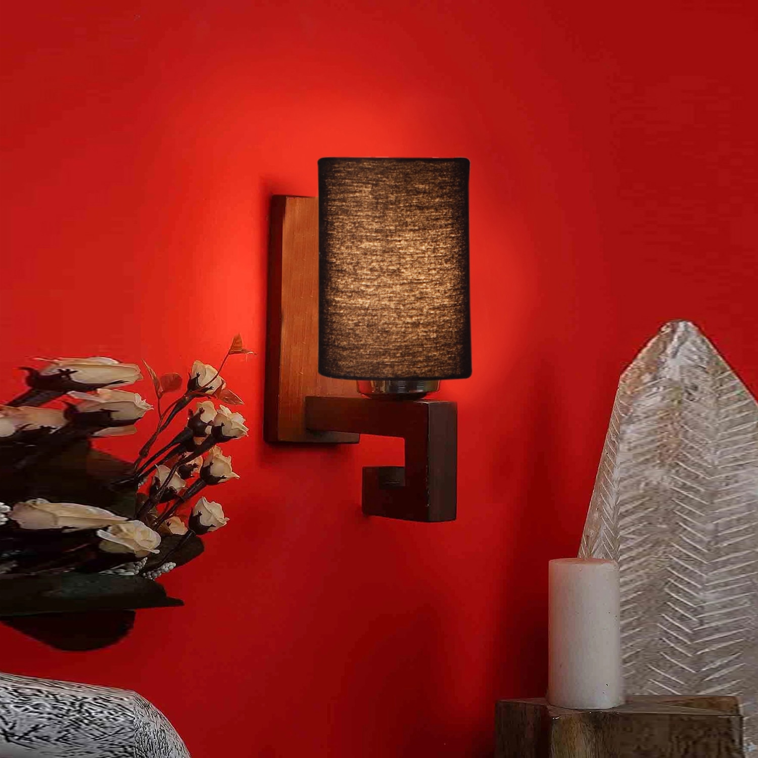 Devansh Solid Wood Electric Wall Light in Black Colour with Black Shade Count of 1 Light - Devansh