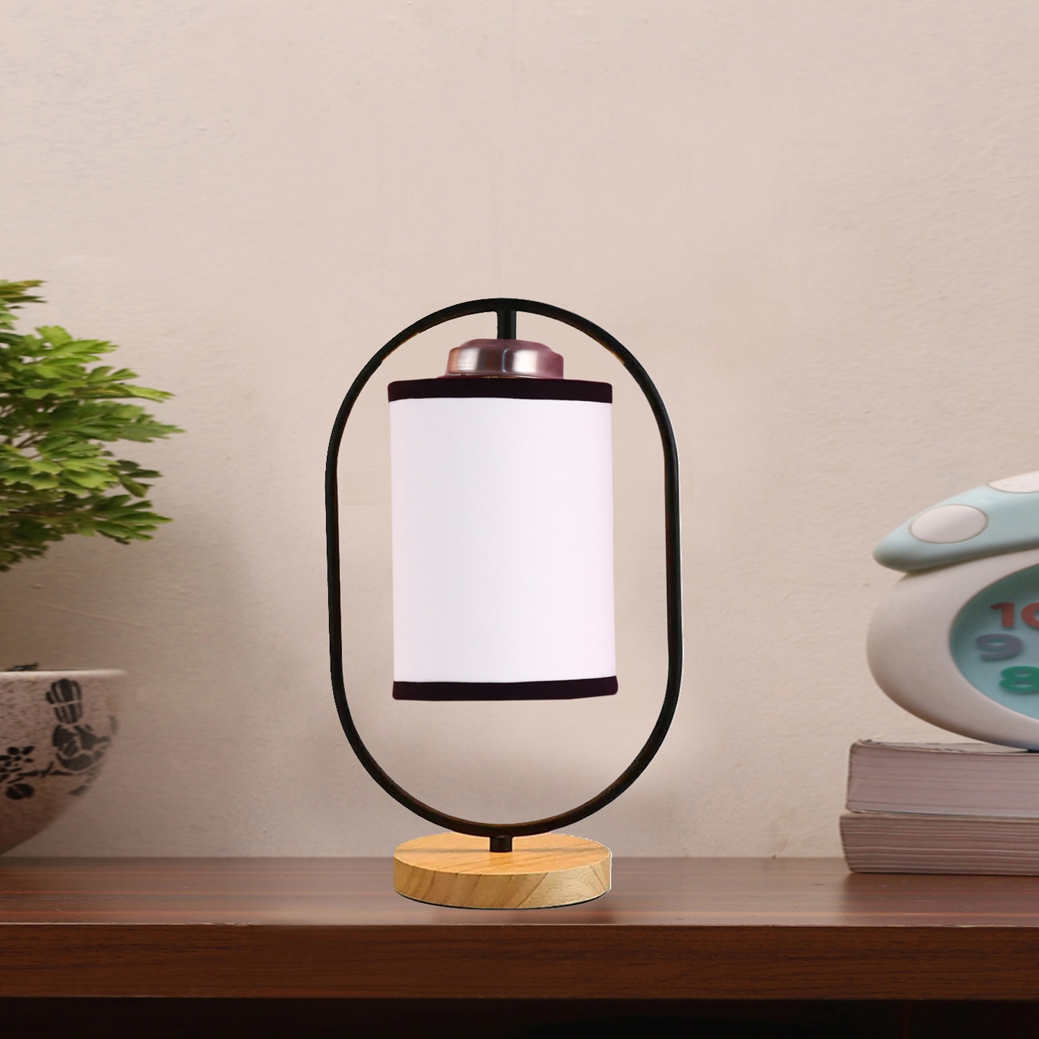 Devansh White & Black Cotton Drum Wooden  & Iron Table Lamp -17 Inch Height  -F - Devansh