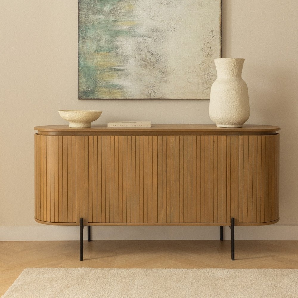 Leeds Solid Mango Wood Sideboard with 4 Door in Natural Finish with Metal Legs - Woodenmood