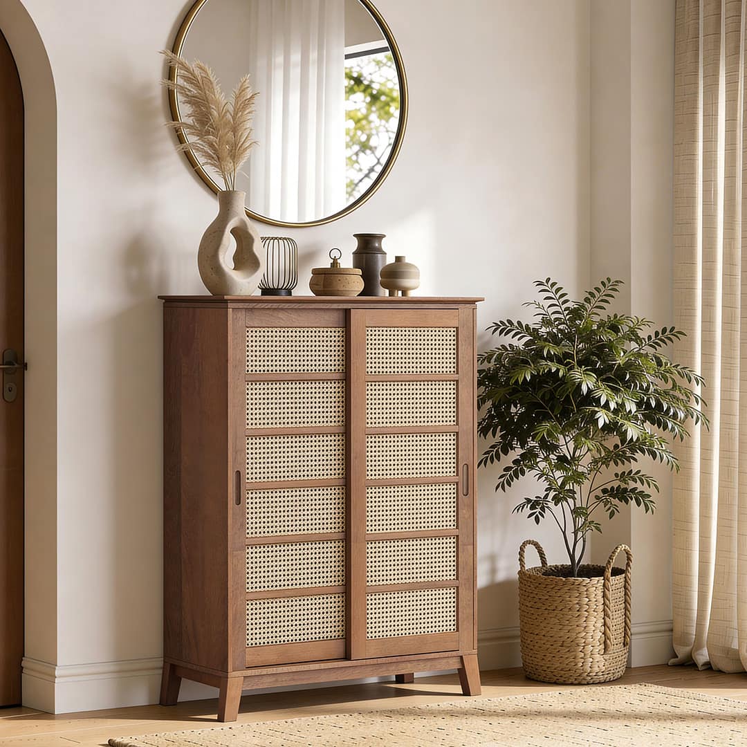 Fujiwara 24 Pair Solid Wood and Cane Shoe Cabinet In Amber Walnut Finish