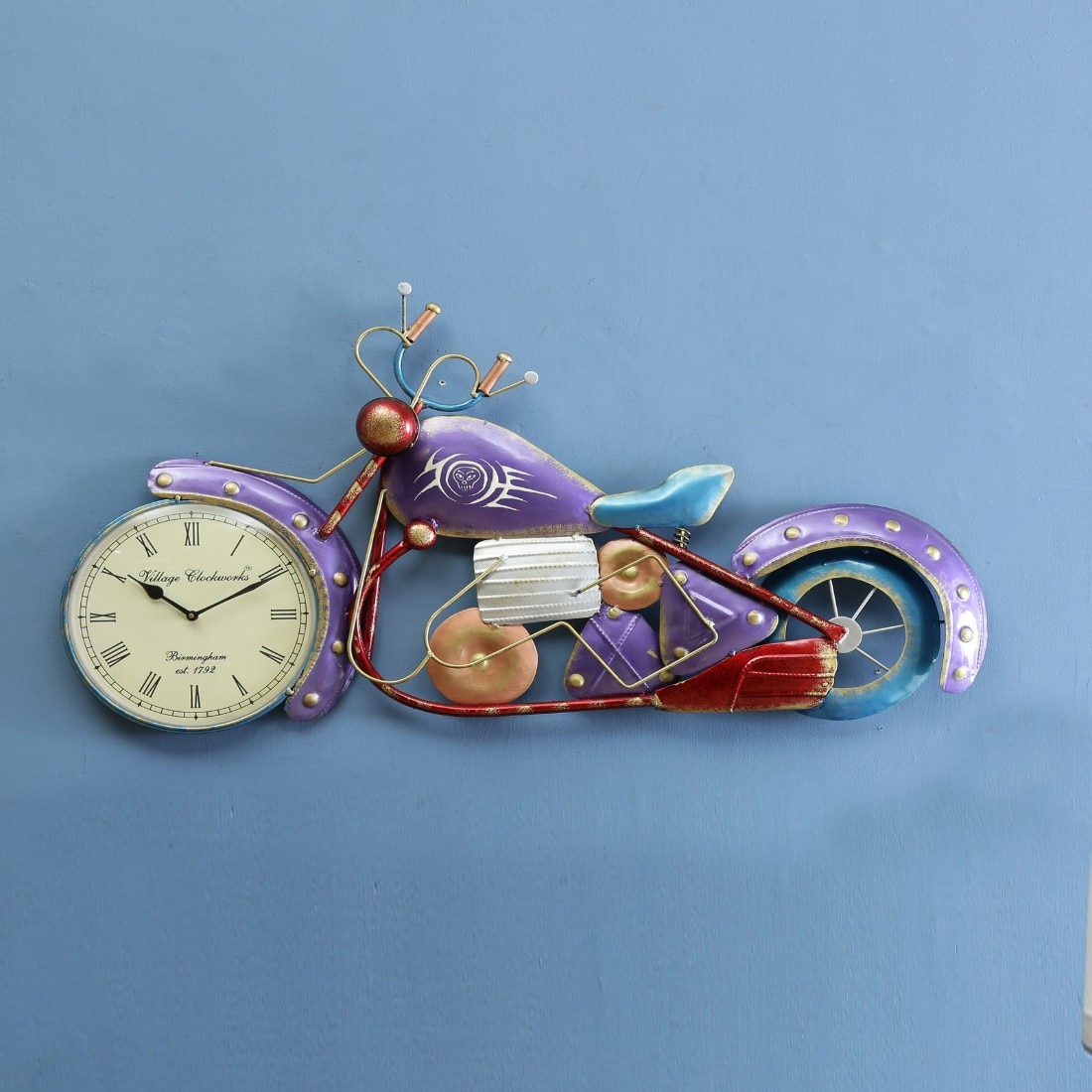 Metal Mask Decorative Handpainted 10'' Bike Wall Clock In Blue Color By Craft Tree