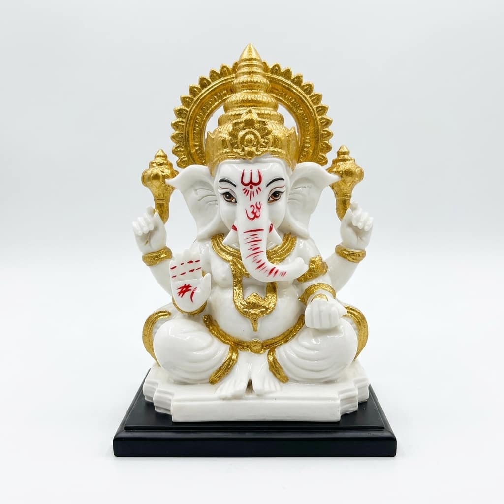 Devotional Radiant Glory Ganesha Statue in White and Gold Colour - Vedas