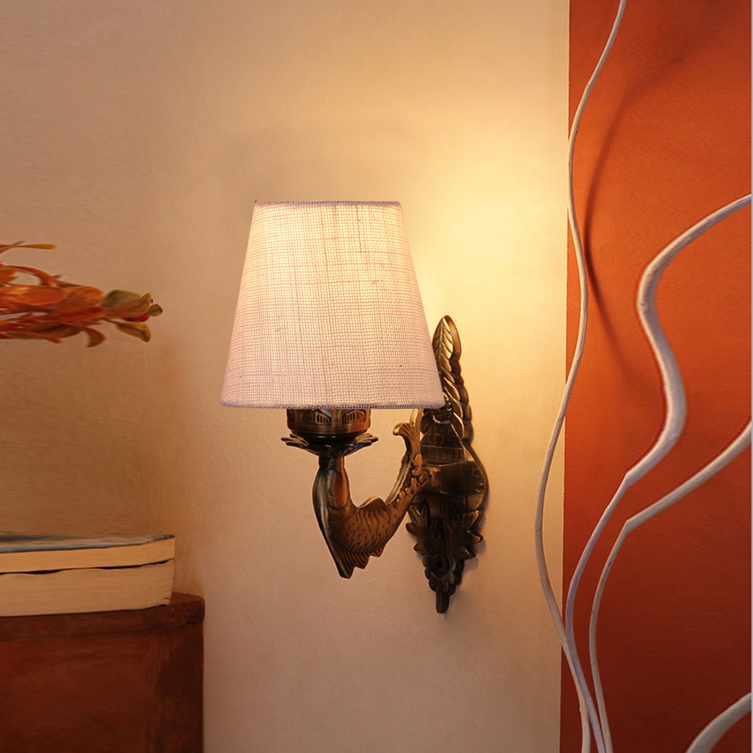 Devansh Metal Electric Wall Light in Antique Gold Colour with White Shade Count of 1 Light - Devansh