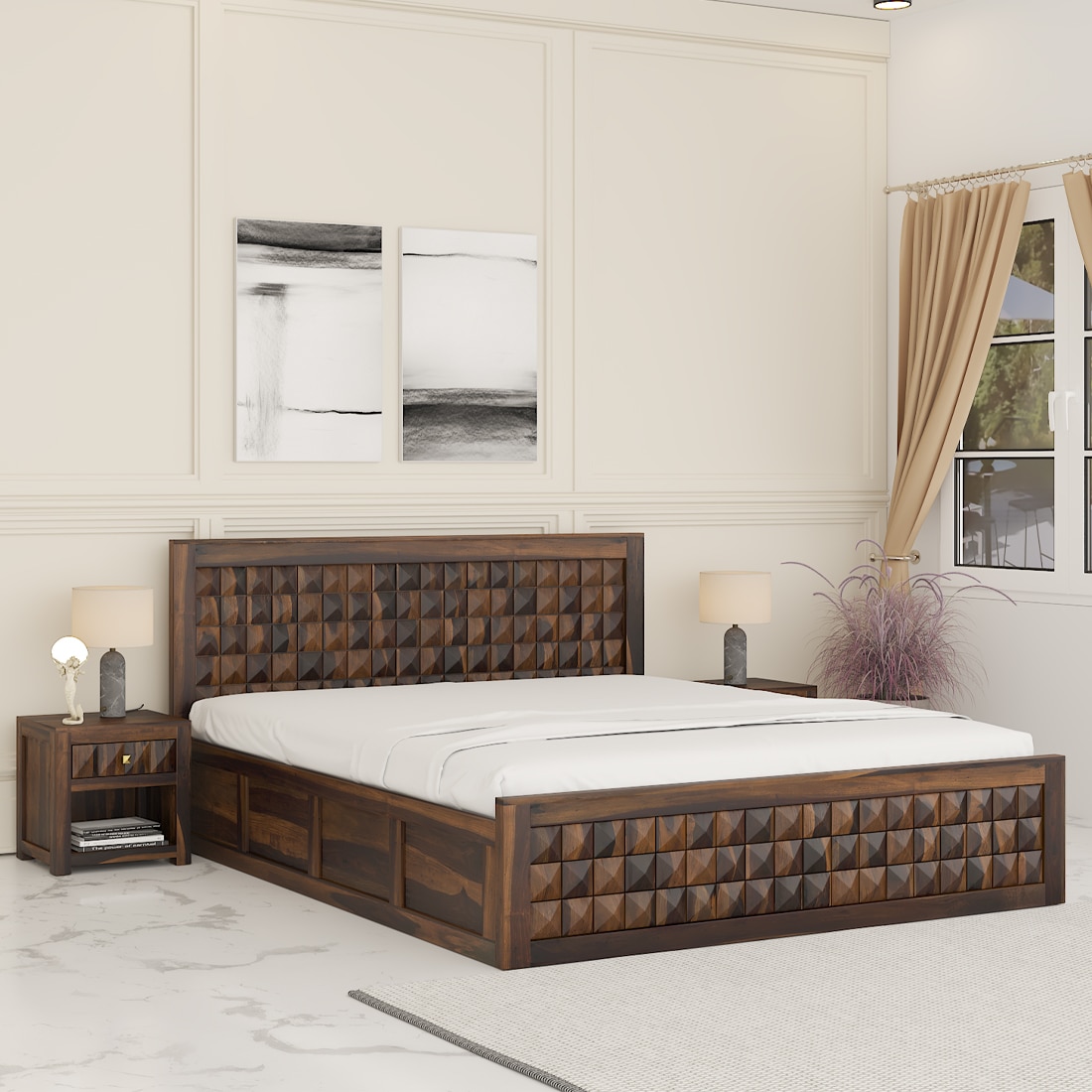 Keaton Sheesham Wood Queen Size Bed In Provincial Teak Finish With Hydraulic Storage (60 x 78 inches)