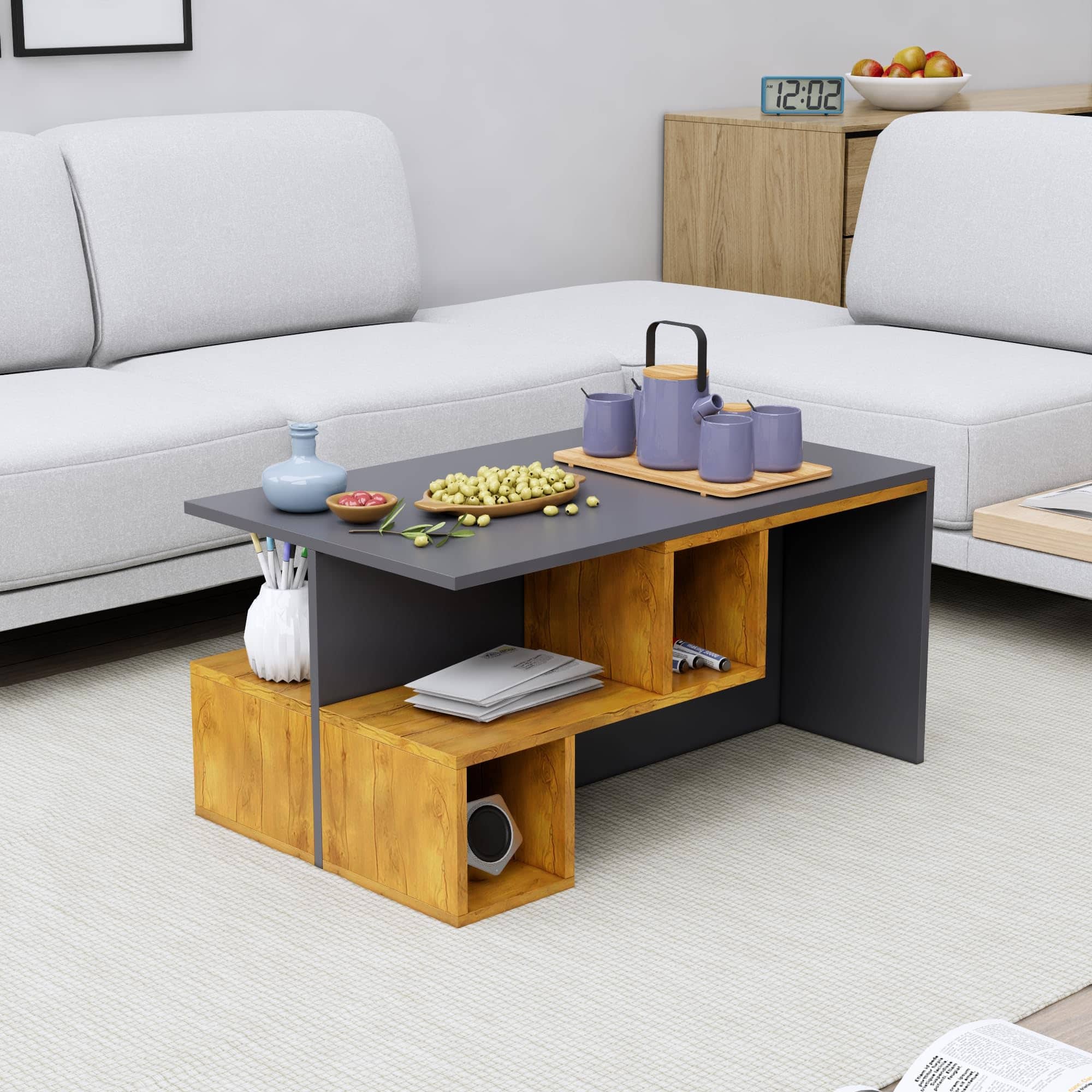 Hexa Engineered Wood Coffee Table With Storage In Slate Grey And Giant Wood - HexaRed