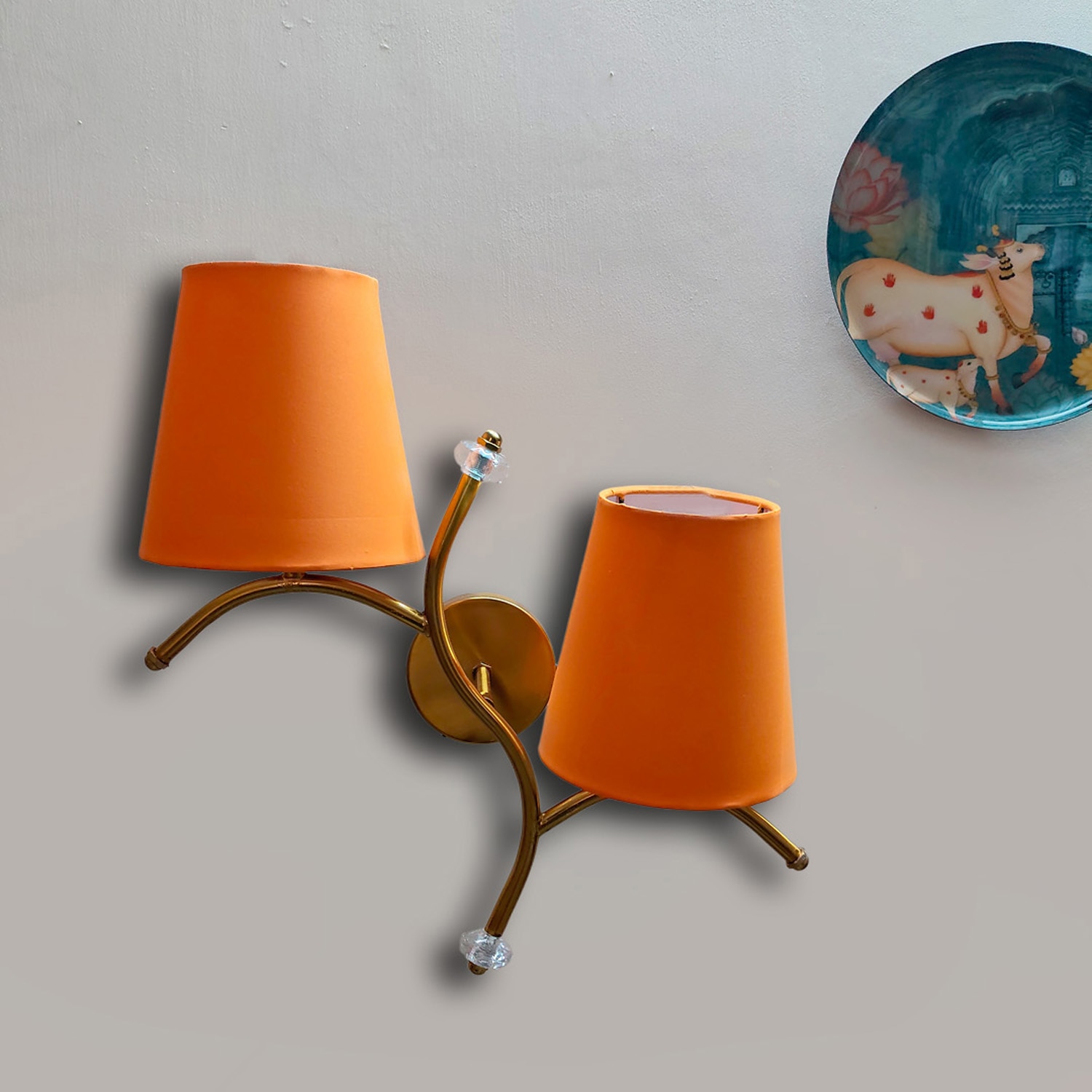 Devansh Metal Electric Wall Light in Gold Colour with Orange Shade Count of 2 Lights - Devansh