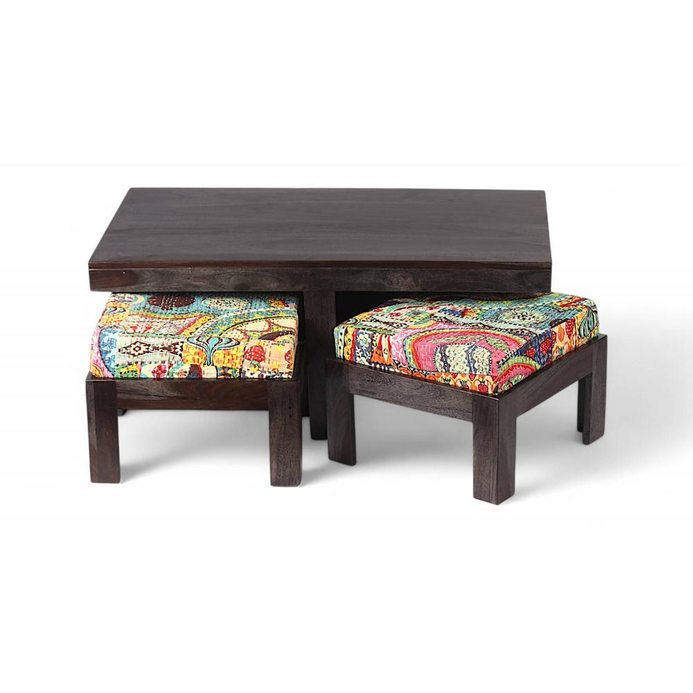 Irish Sheesham Wood Coffee Table With 2 Stools Set In Mahogany Finish & Multi Colour Israel Print Kantha Fabric Cushions