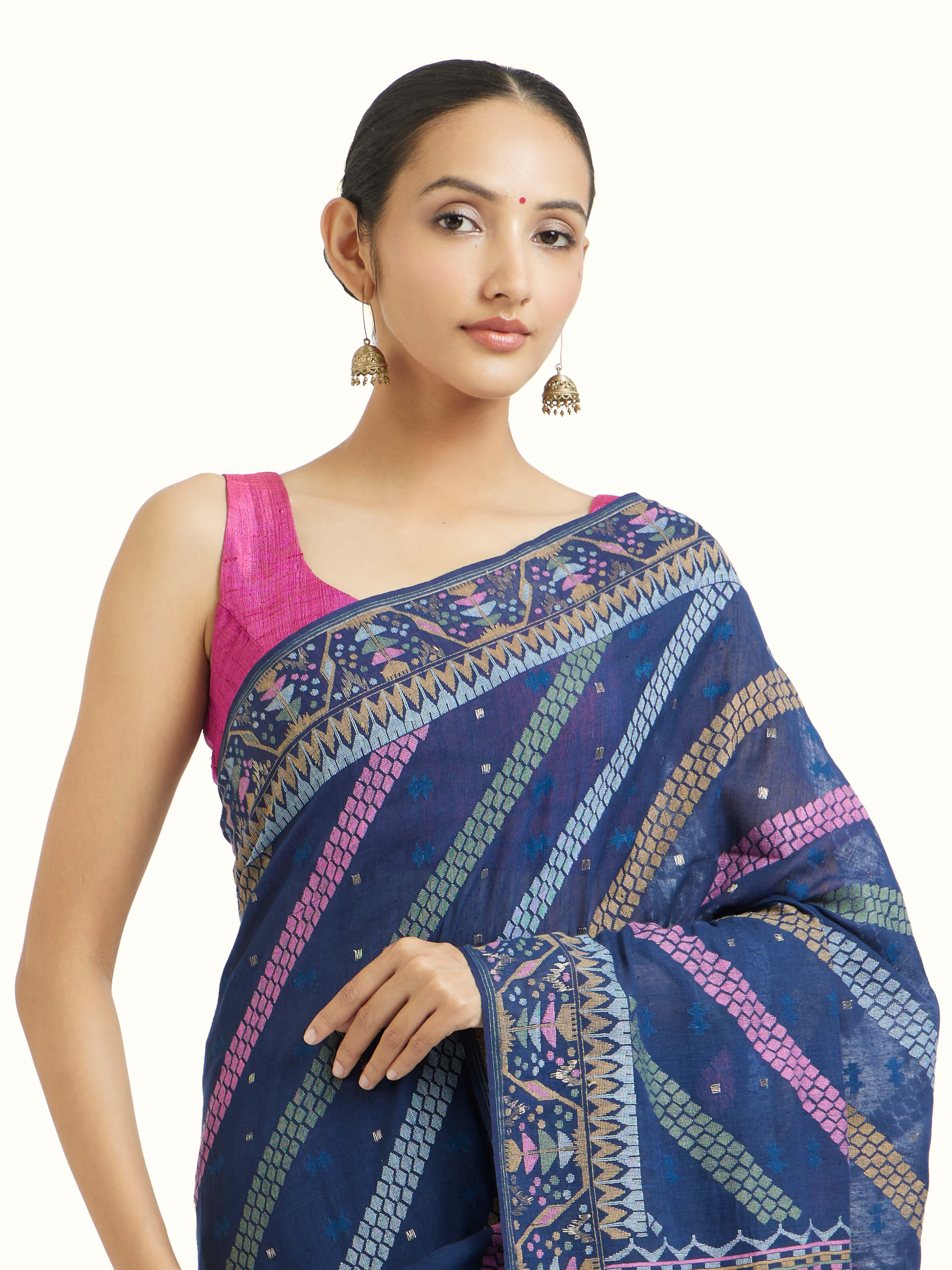 Angled view of indigo cotton Bengal Jamdani saree highlighting jamdani weave