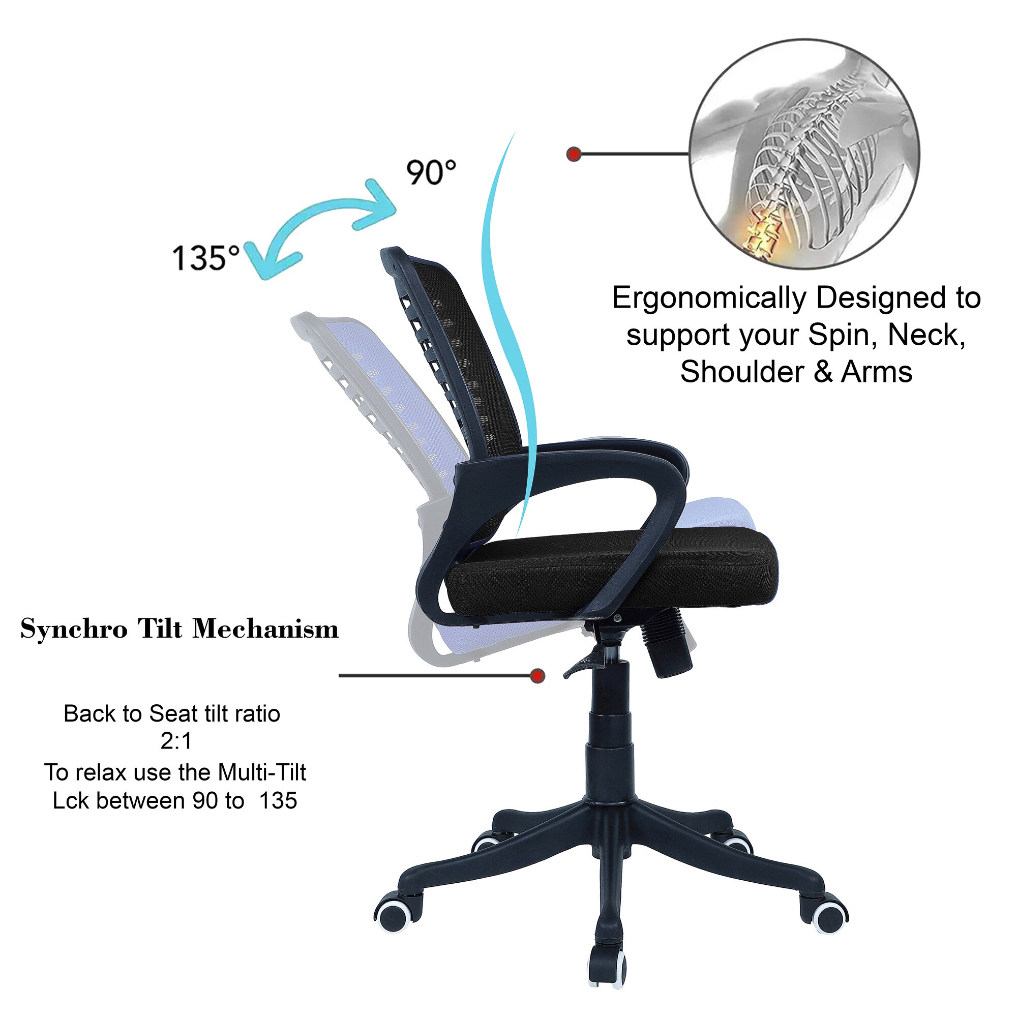 Diicea Mid Back Ergonomic Chair in Black Colour
