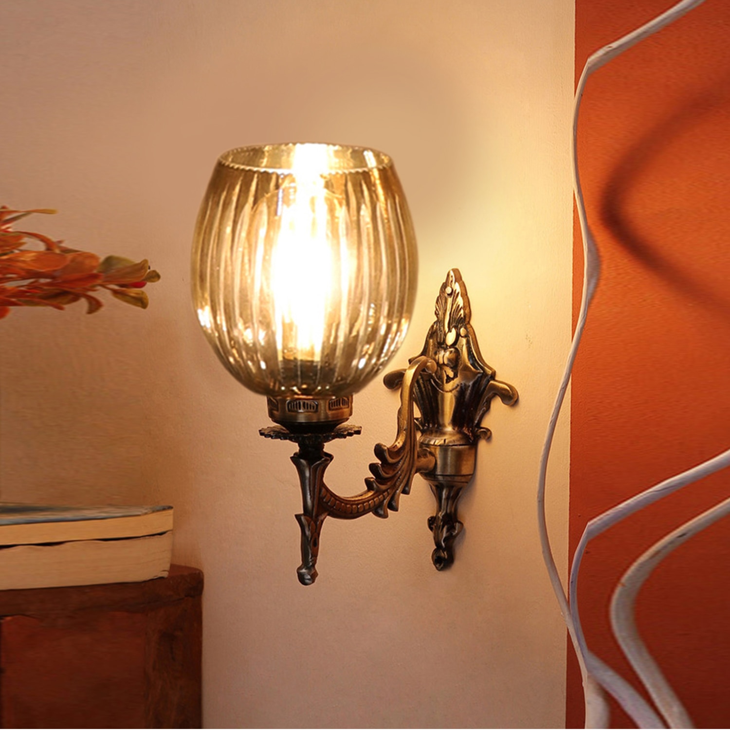 Devansh Metal Electric Wall Light in Antique gold Colour with Lavender Shade Count of 1 Light - Devansh