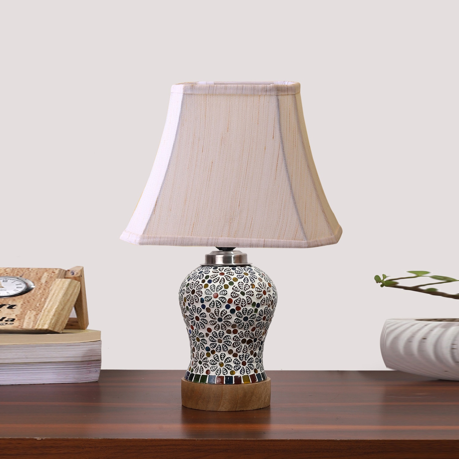 Devansh Off-White Cotton Rectangular Shade Lamp With Wood & Mosaic Glass Base For Decoration/Office/Home/Gifting/Study For Decoration/Office/Home/Gifting/Study
