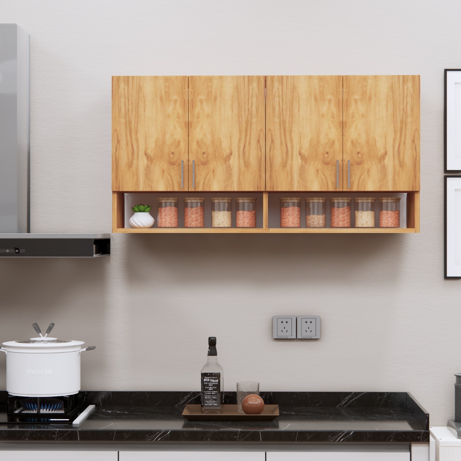 4 Doors Modular Wall Mounted Kitchen Cabinet With Organizer Shelf In Plateau Apple Finish