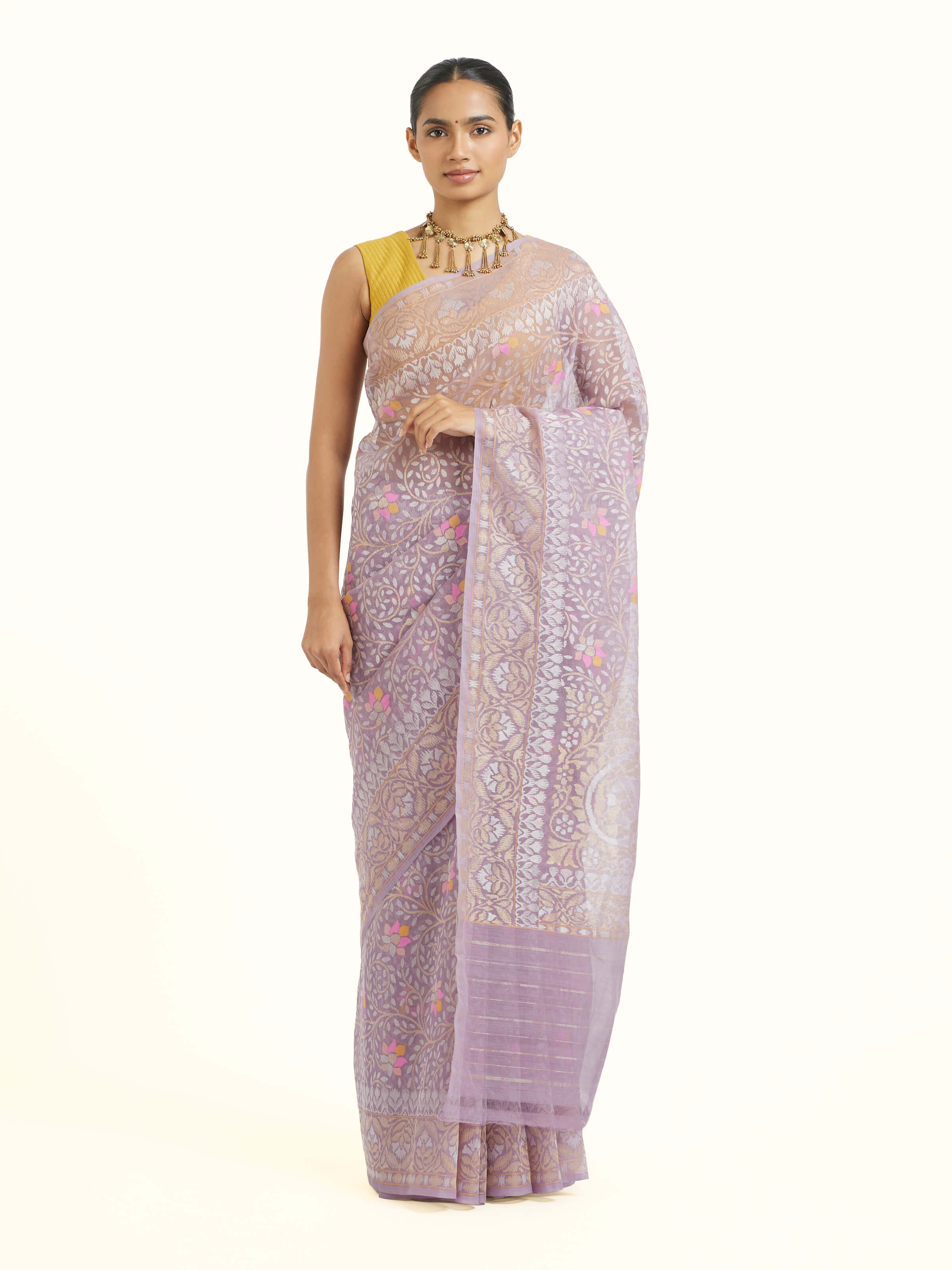 Front view of purple cotton Awadh Jamdani Banarasi saree with traditional motifs