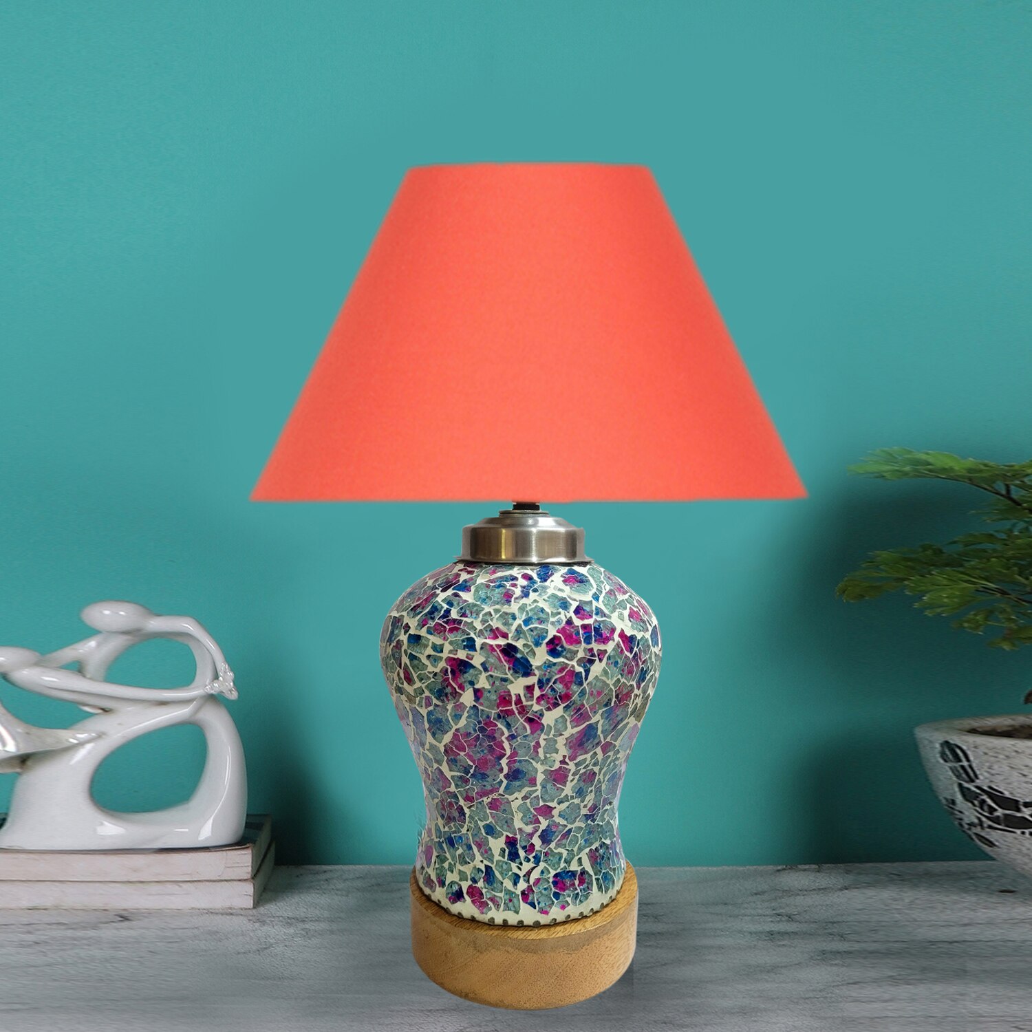 Devansh Conical  Orange Cotton Shade  Lamp With  Wood & Mosaic Glass Base For Decoration /Office/Home/Gifting/Study For Decoration /Office/Home/Gifting/Study -(10X10X14.5) Inches -