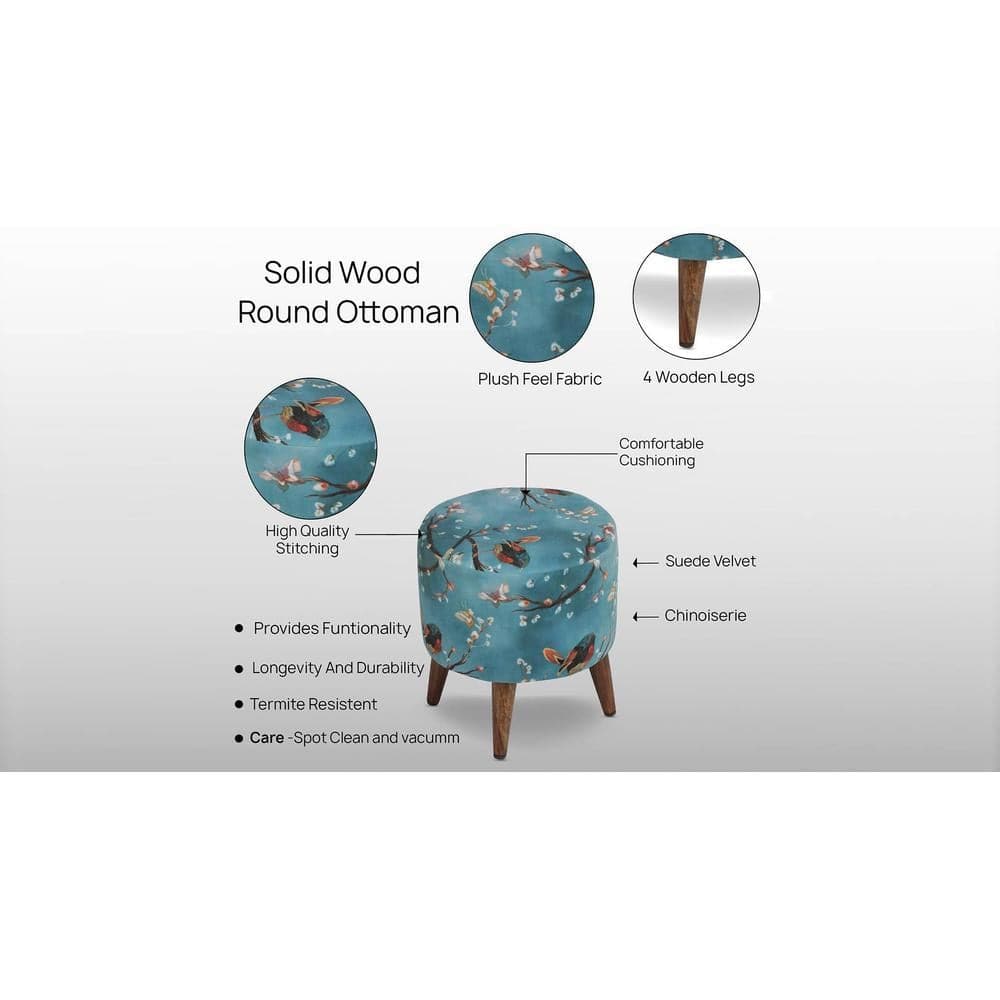 Aurelia Solid Wood  Ottomon in  Blue Colour
