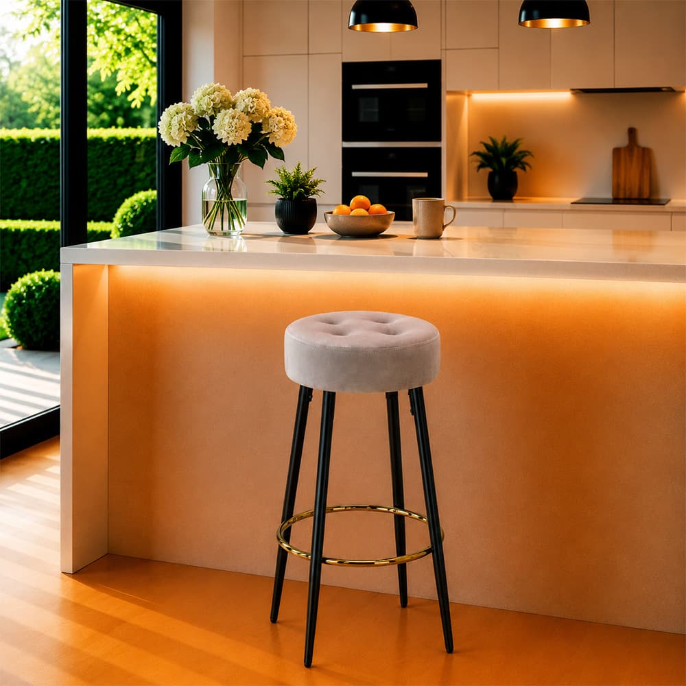 Doe Buck Tufted Counter Height Bar Stool in Grey Colour with Gold Footrest - Doe Buck