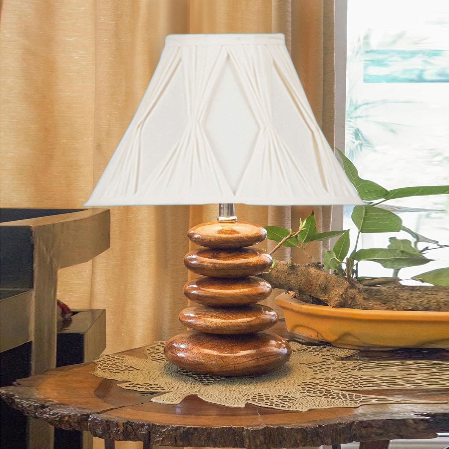 Devansh Curtain Pleated Cotton Table Lamp With Wood Pebble Lamp (12X12X16.5) Inches -C