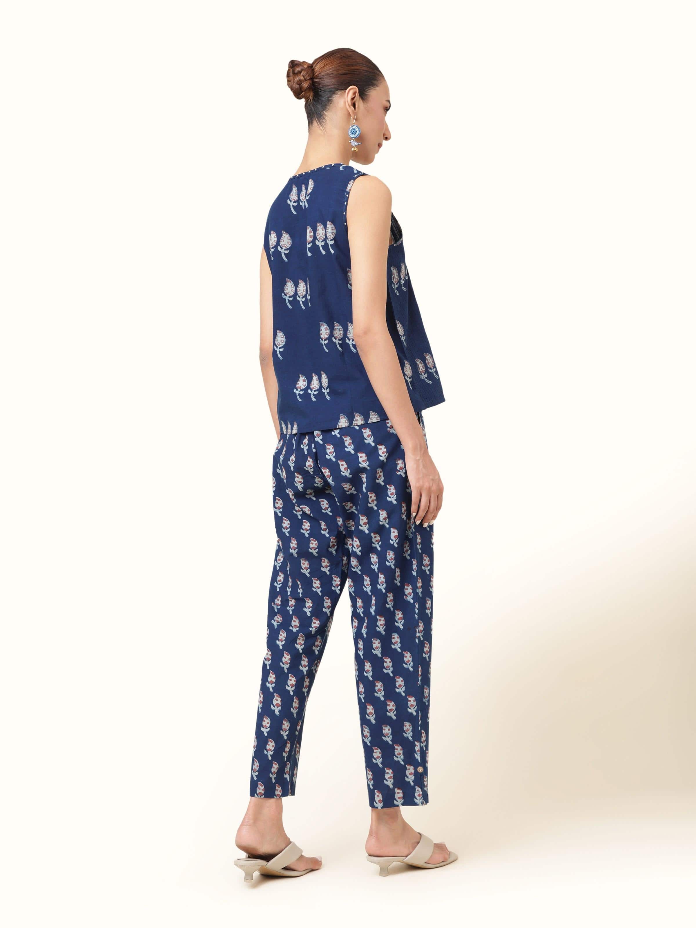 Back view of blue Dabu block printed pant displaying elasticated waistband and hand-crafted detailing.