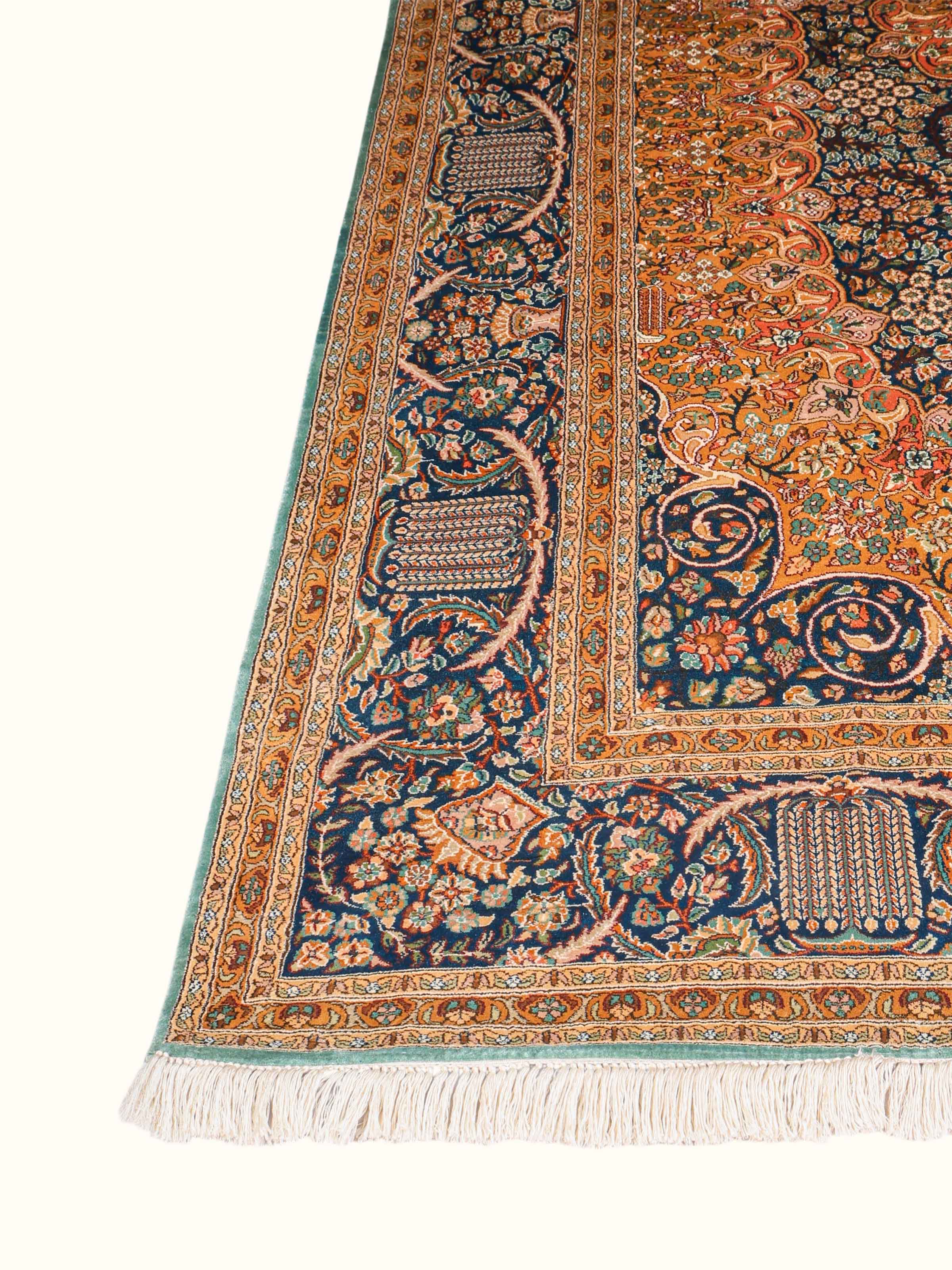 Traditional Persian Navy Ochre Tabriz Kashmir Silk Hand-Knotted Carpet