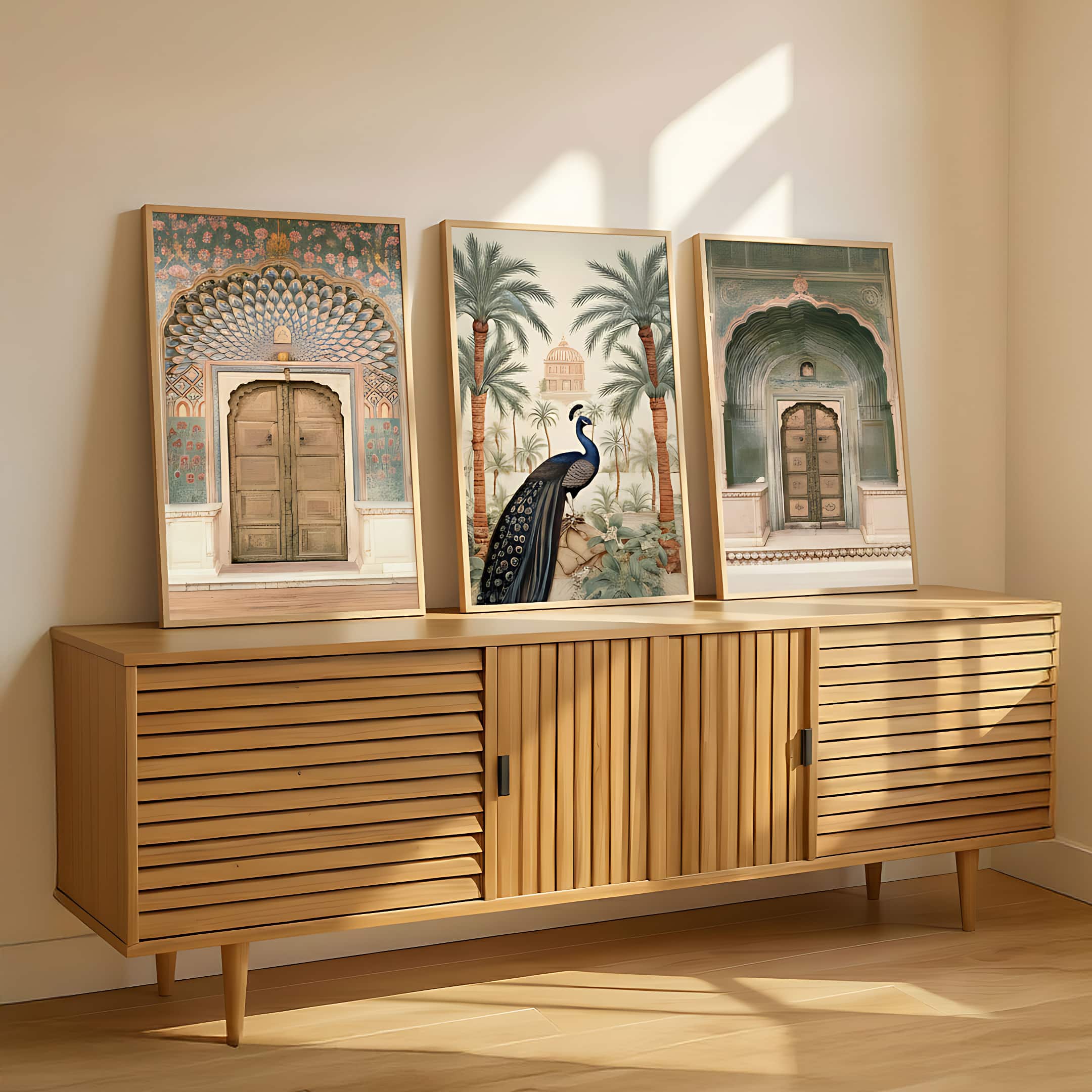 The Castle Decor Peacock Madhubani Floral Wall Art Set of 3 11x17 Inch - The Castle Decor
