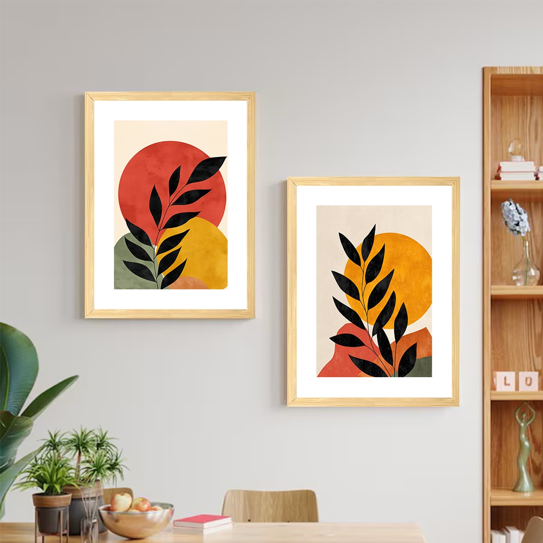 Boho Moon and Sun Leaf Set of 2 Framed Posters Botanical Art 45x60 cm - Art Street