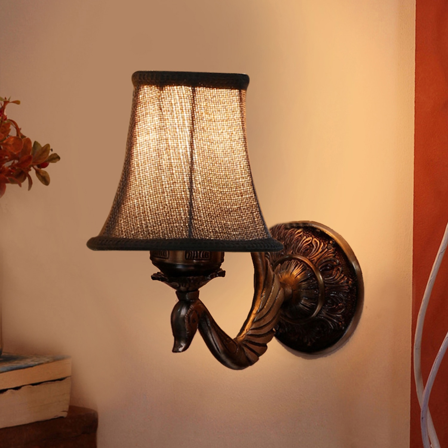 Devansh Gold Antique Wall Mounted Lamp With Beige Jute Shade - Devansh