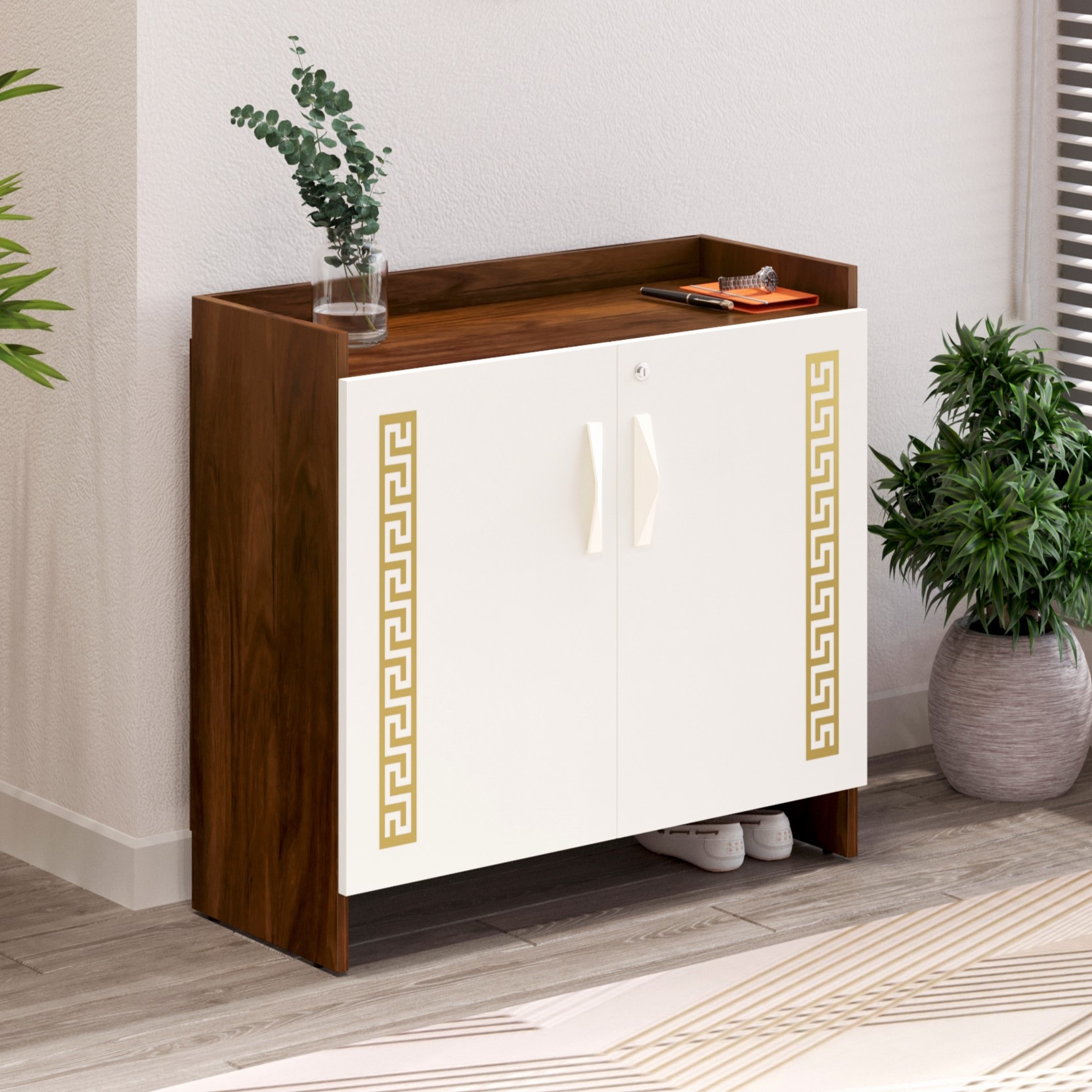 Brooklyn Engineered Wood Shoe Cabinet with Brown Maple & White finish