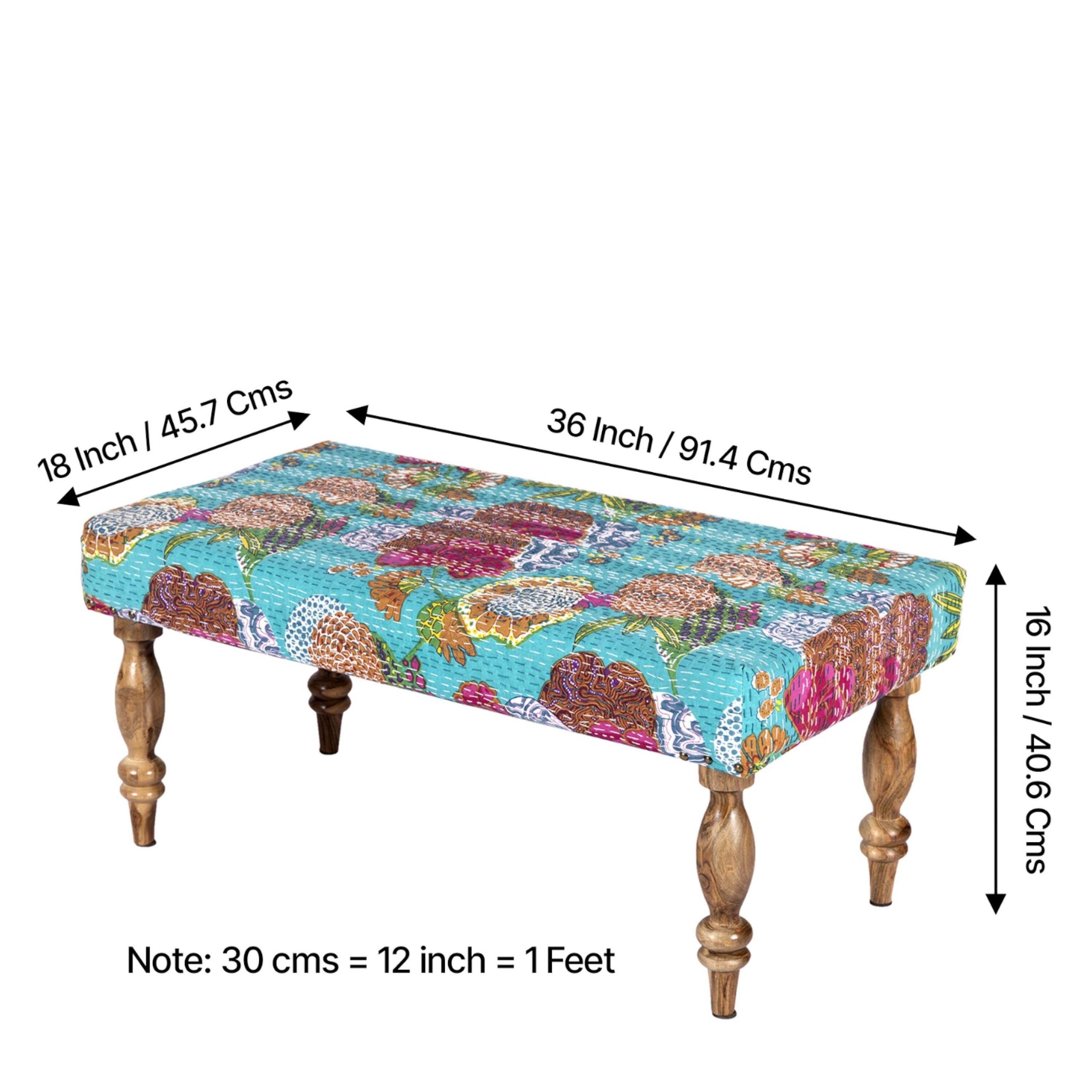 Bestone Solid Wood Bench In Floral Print Green Kantha Fabric