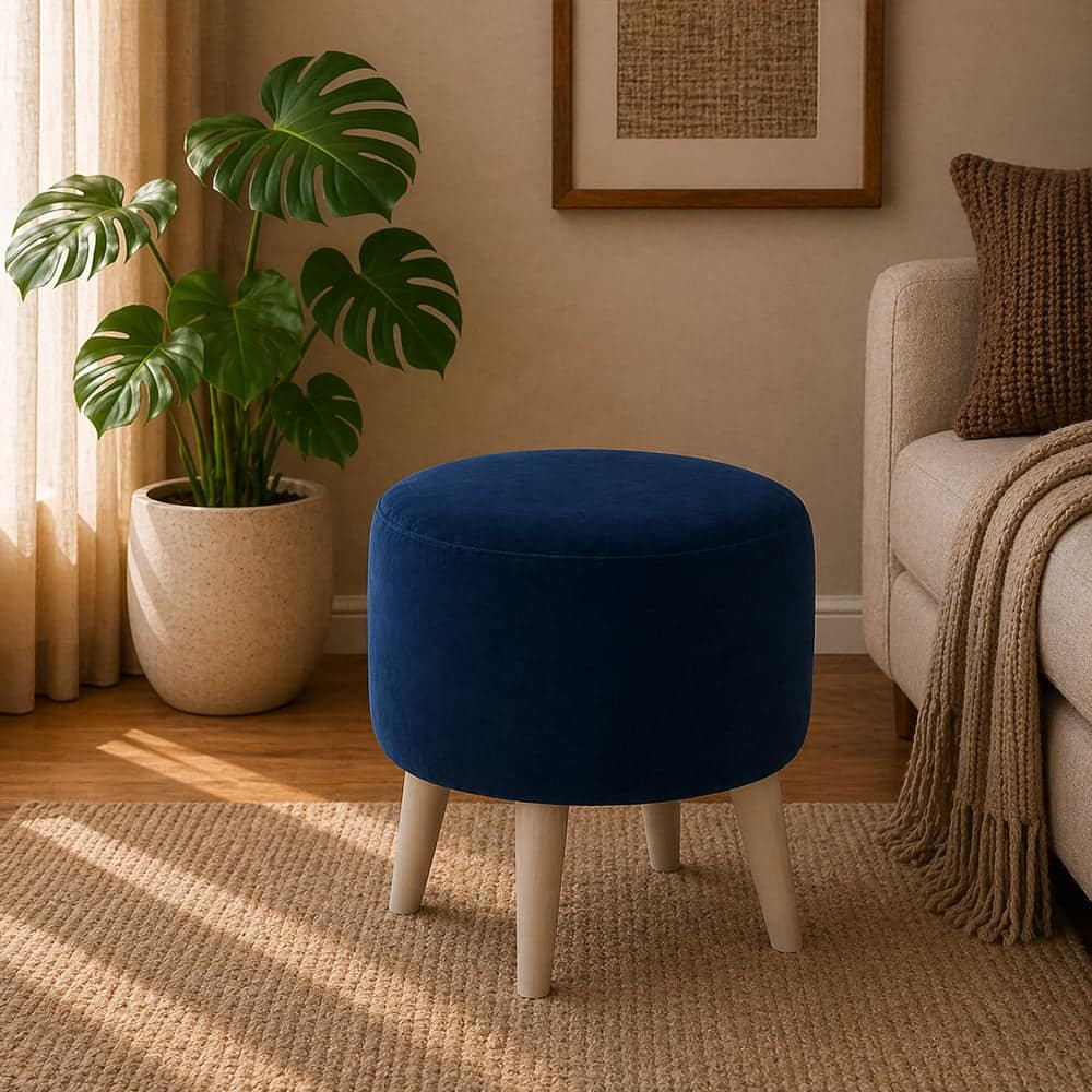Doe Buck Parker Velvet Round Ottoman Stool in Blue Colour with Wooden Legs - Doe Buck