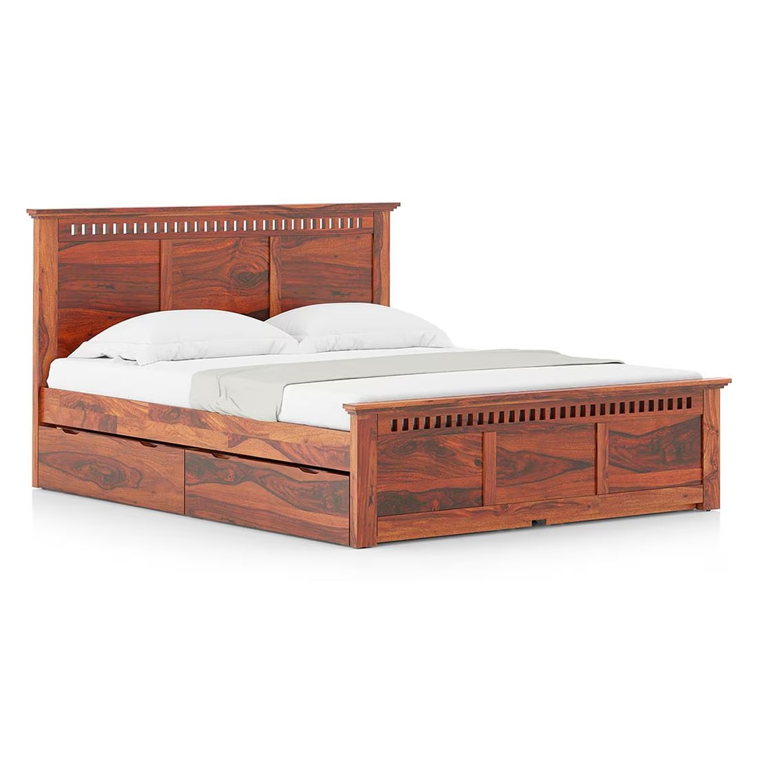 Fidora Solid Wood Queen 4 Drawer Storage Bed In Honey Finish