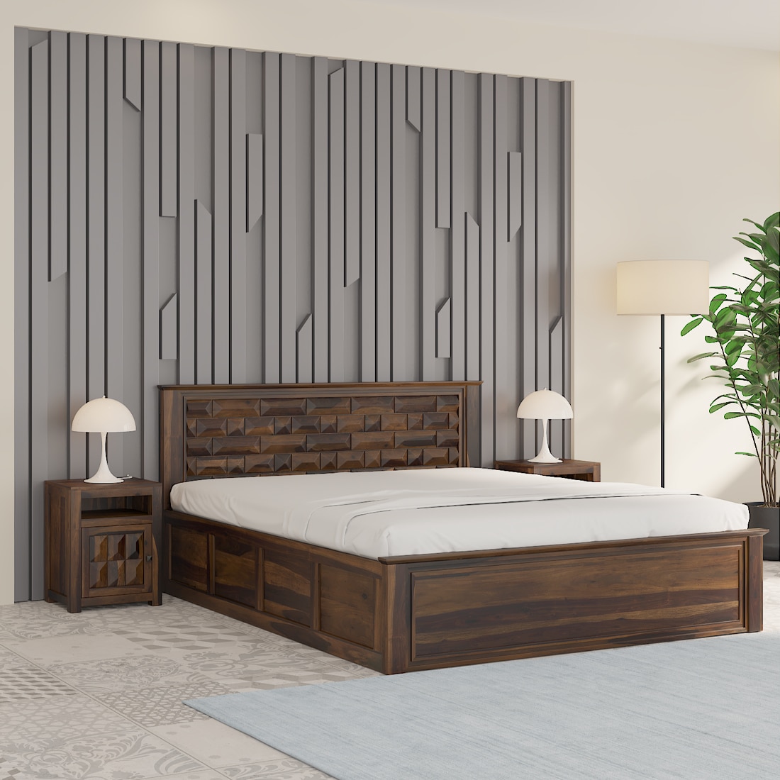 Yashika Solid Wood Queen  Size Bed With Hydraulic Storage (Provincial Teak Finish)