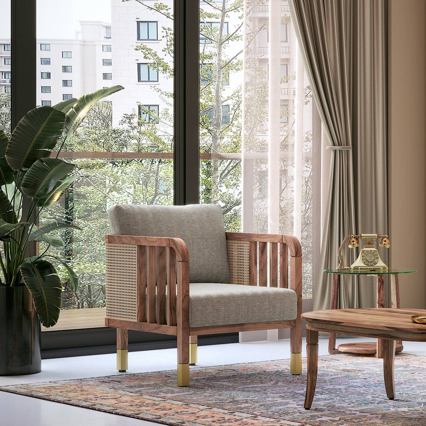 Taran 1 Seater Wooden Sofa in Natural Herringbone Colour