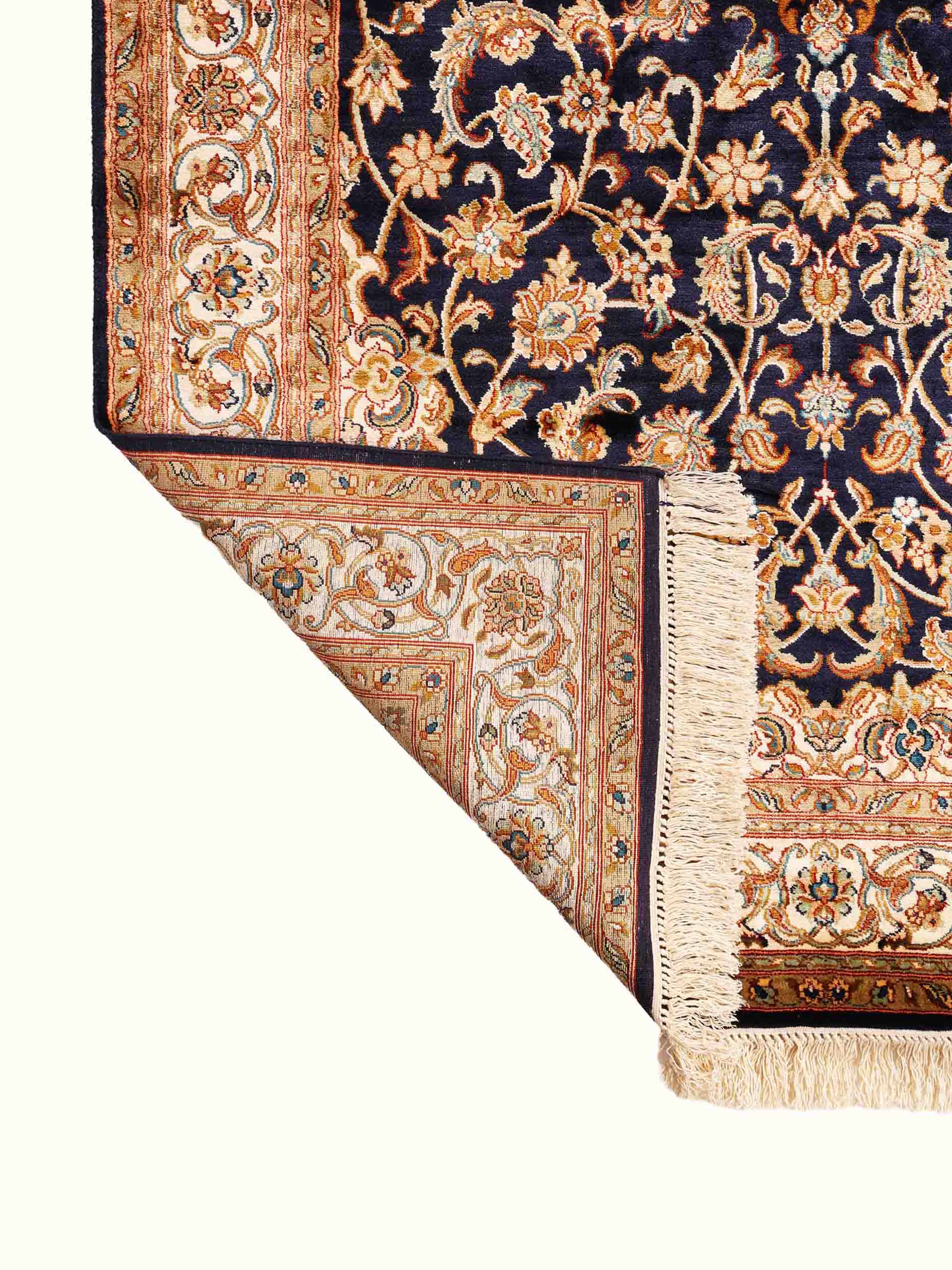 Traditional Persian Navy Beige Kashan Kashmir Silk Hand-Knotted Carpet