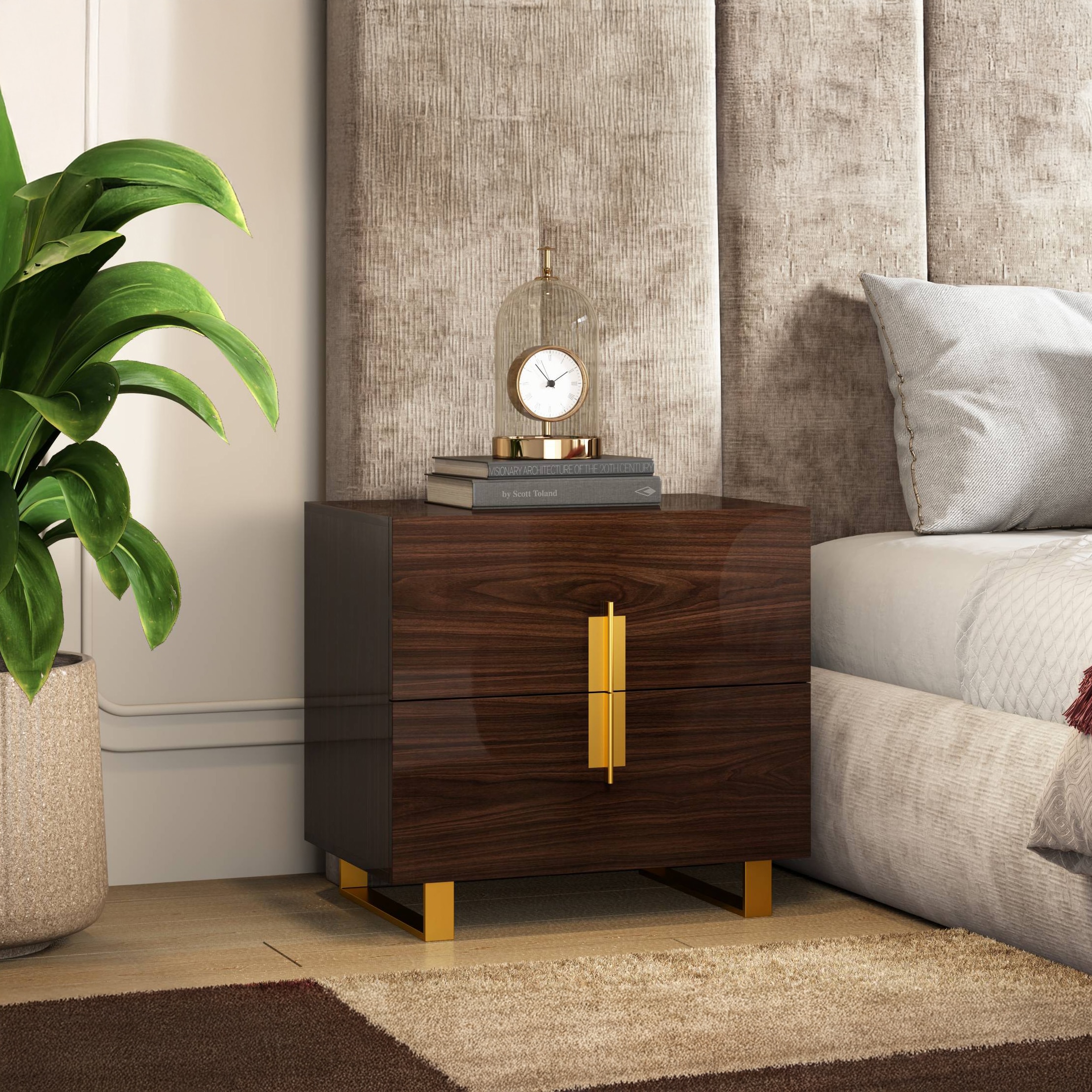 Aurelia Bedside Table in High Gloss Walnut Finish