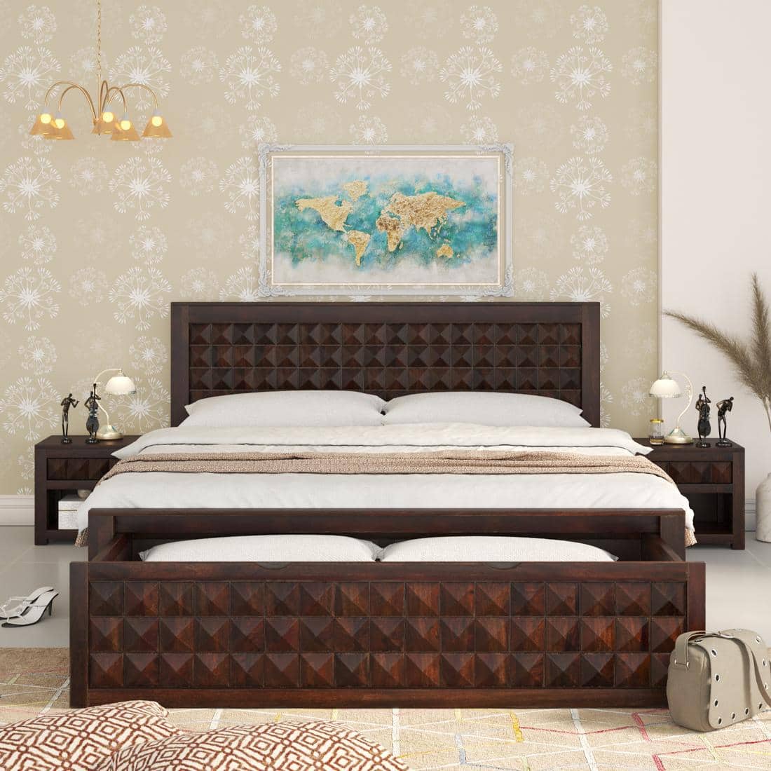 Keaton Sheesham Wood Queen Size Bed Drawer And Box Storage Walnut Finish (60 x 78 inches)