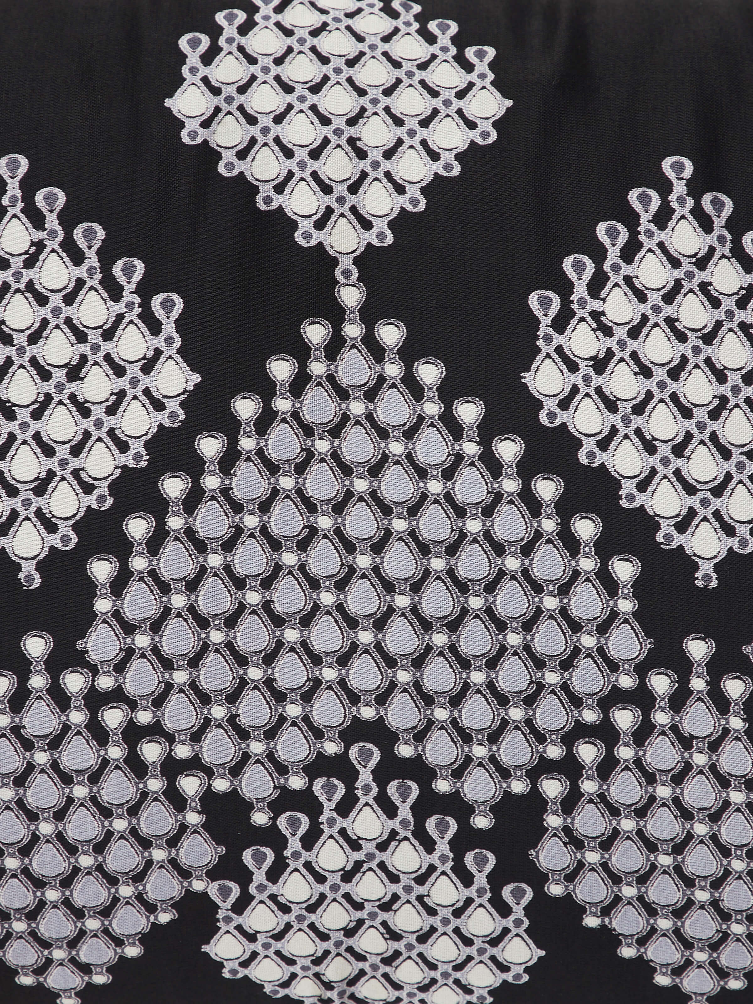Detail shot: Close-up of black geometric Sanganeri block print on viscose cotton Rambagh cushion cover