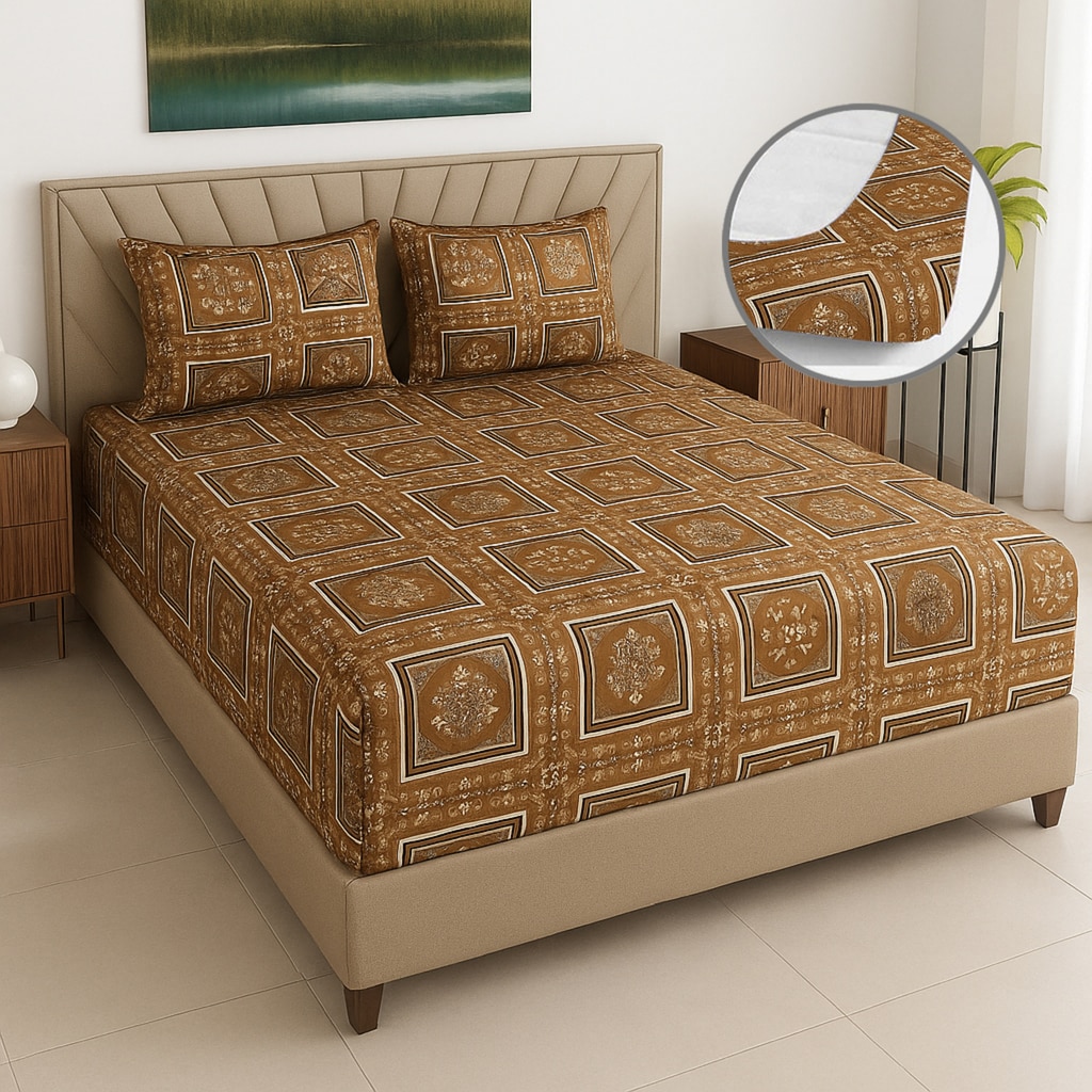 Brick Color Floral 400 TC Cotton Fitted Queen Bed Size Bedsheet With 2 Pilllow Covers Threads