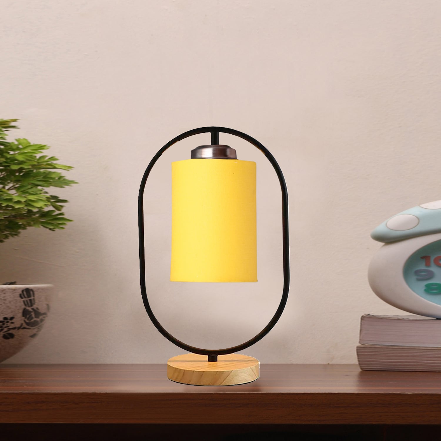 Devansh Yellow Cotton Drum Wooden & Iron Table Lamp -17 Inch Height -E - Devansh