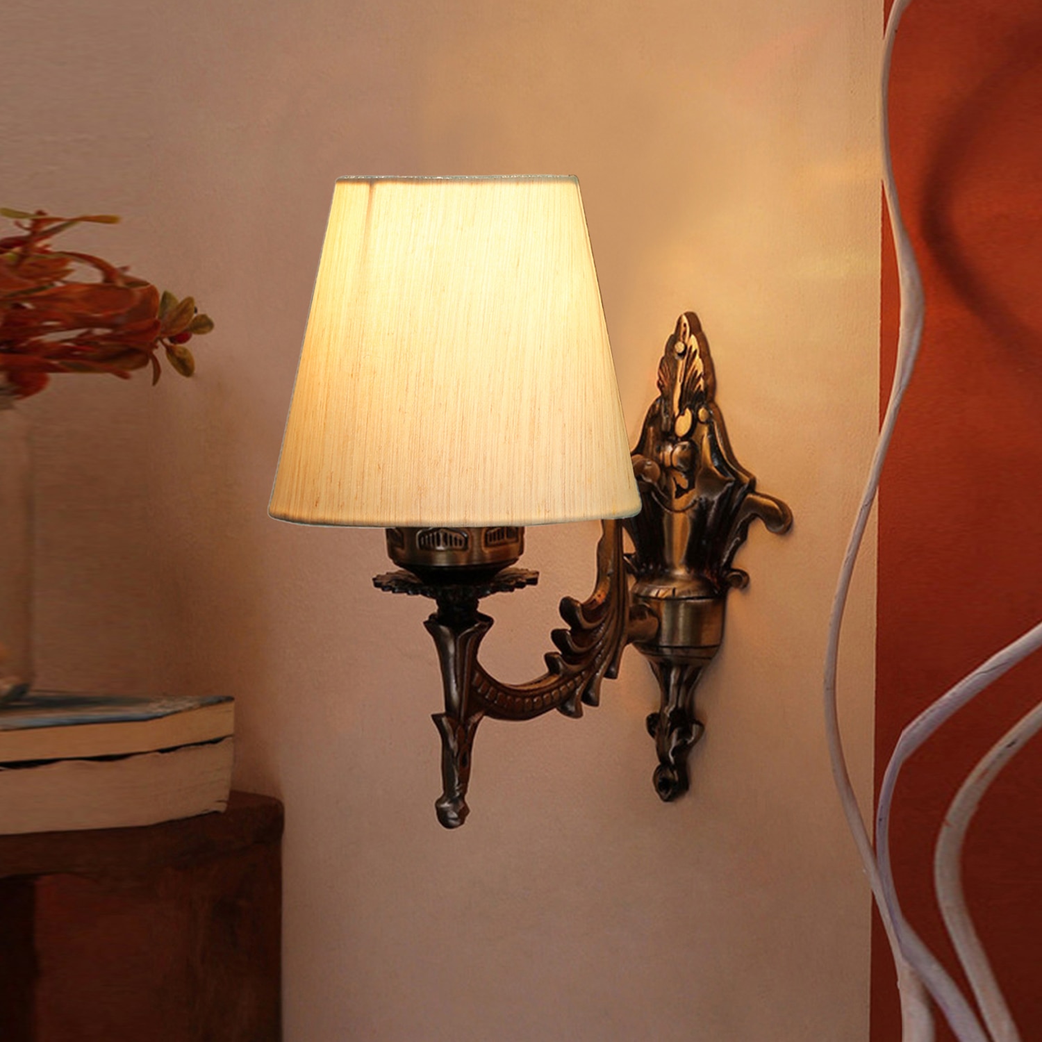 Devansh Metal Electric Wall Light in Antique Gold Colour with off-white Shade Count of 1 Light - Devansh