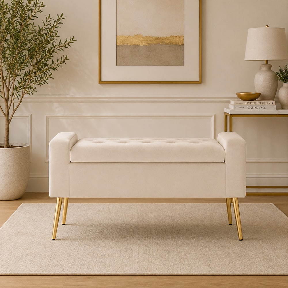 Doe Buck Upholstered Storage Bench in Beige Colour with Gold Legs - Doe Buck