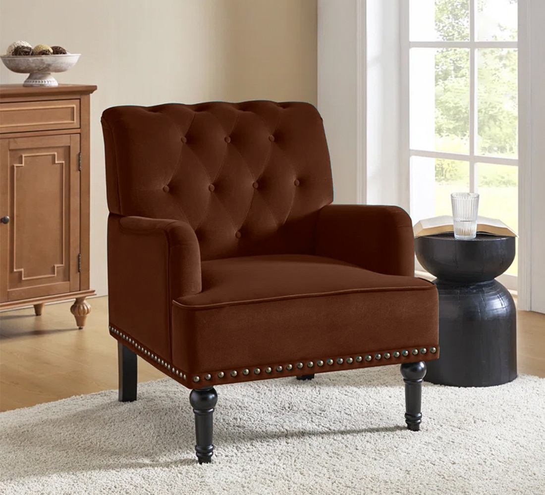 Velora Tufted Back Fabric Lounge Chair in Brown - KURSIWALLAH