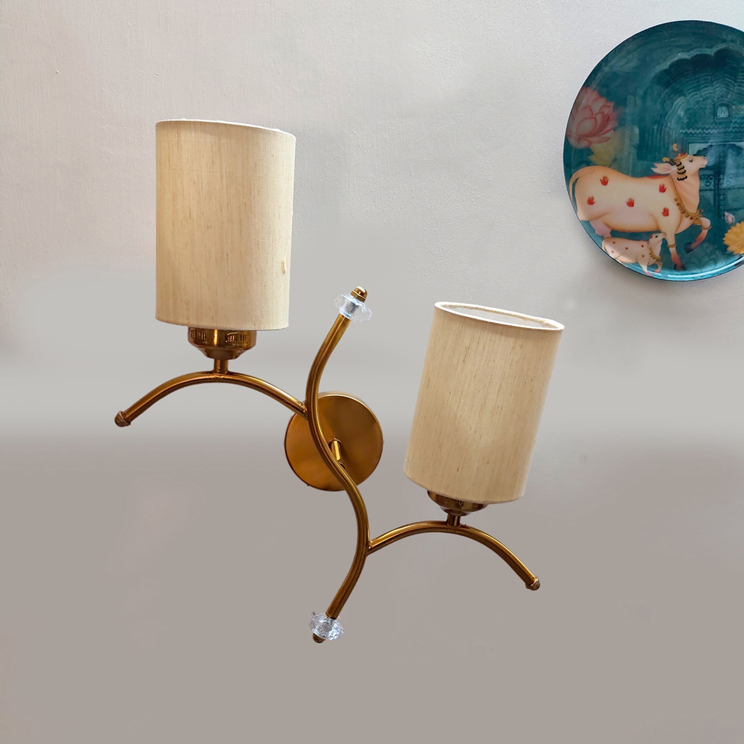 Devansh Metal Electric Wall Light in Gold Colour with off-white Shade Count of 2 Lights - Devansh