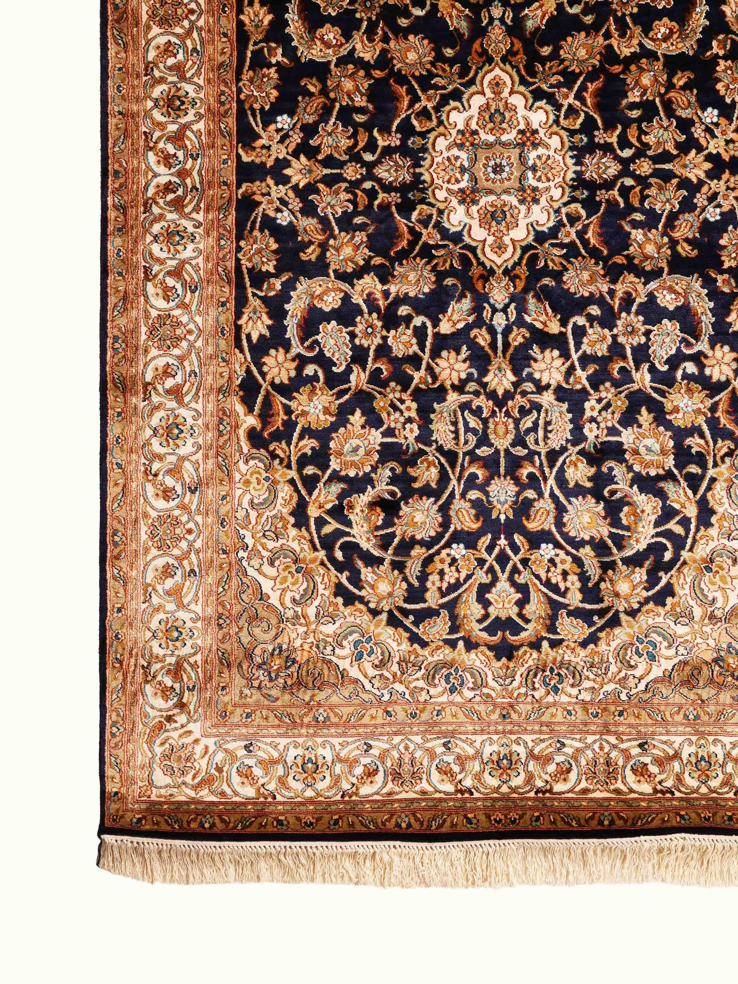 Traditional Persian Navy Beige Kashan Kashmir Silk Hand-Knotted Carpet
