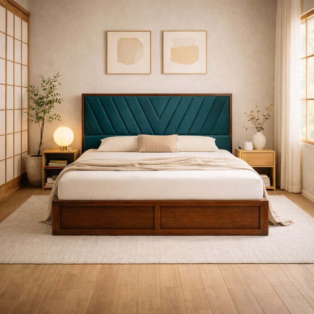 Zyra Solid Wood Queen  Size Upholstered Bed With Box Storage (Provincial Teak Finish, Teal Colour) - Globally Indian