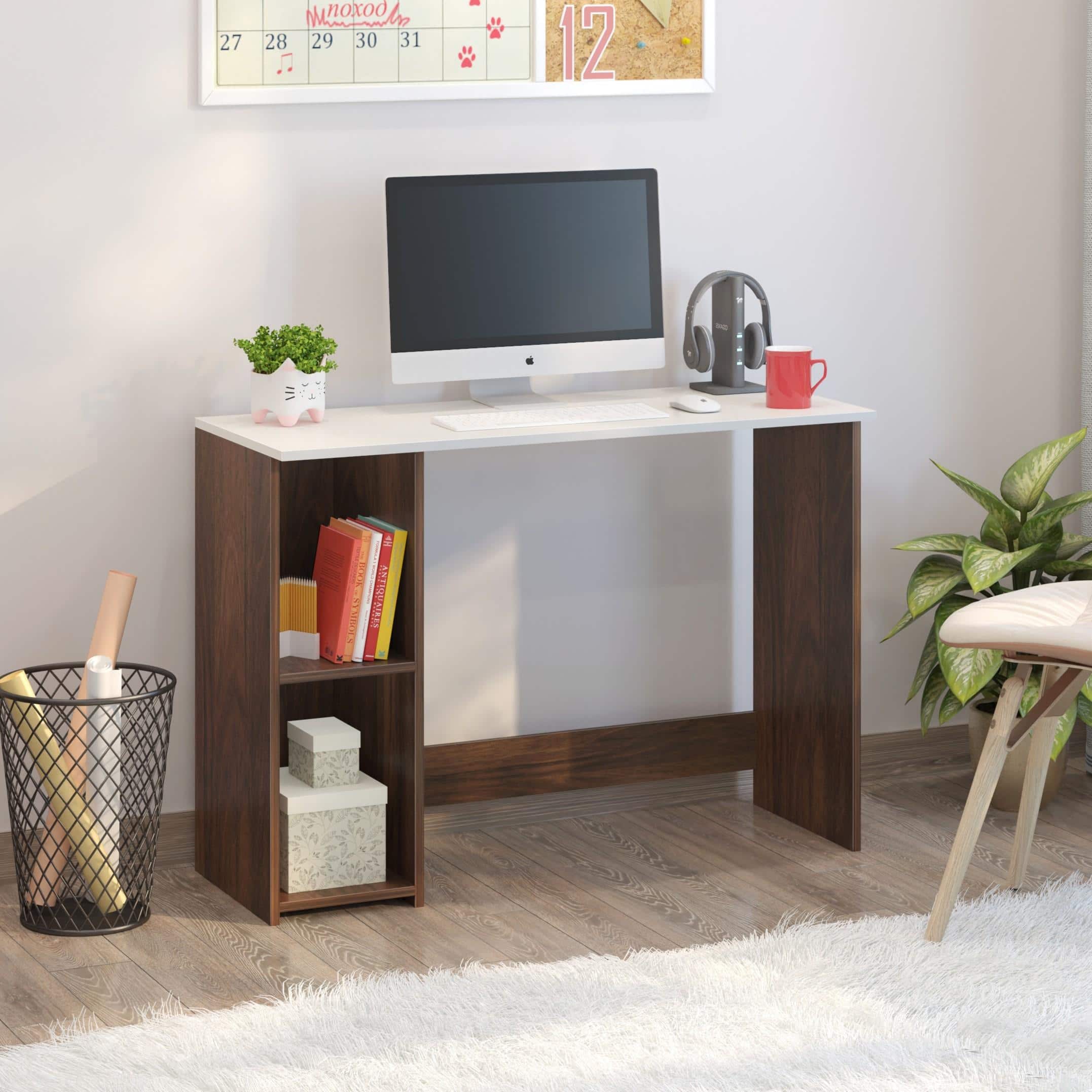 Mallium Engineered Wood Study Table In Brown Maple & White Finish