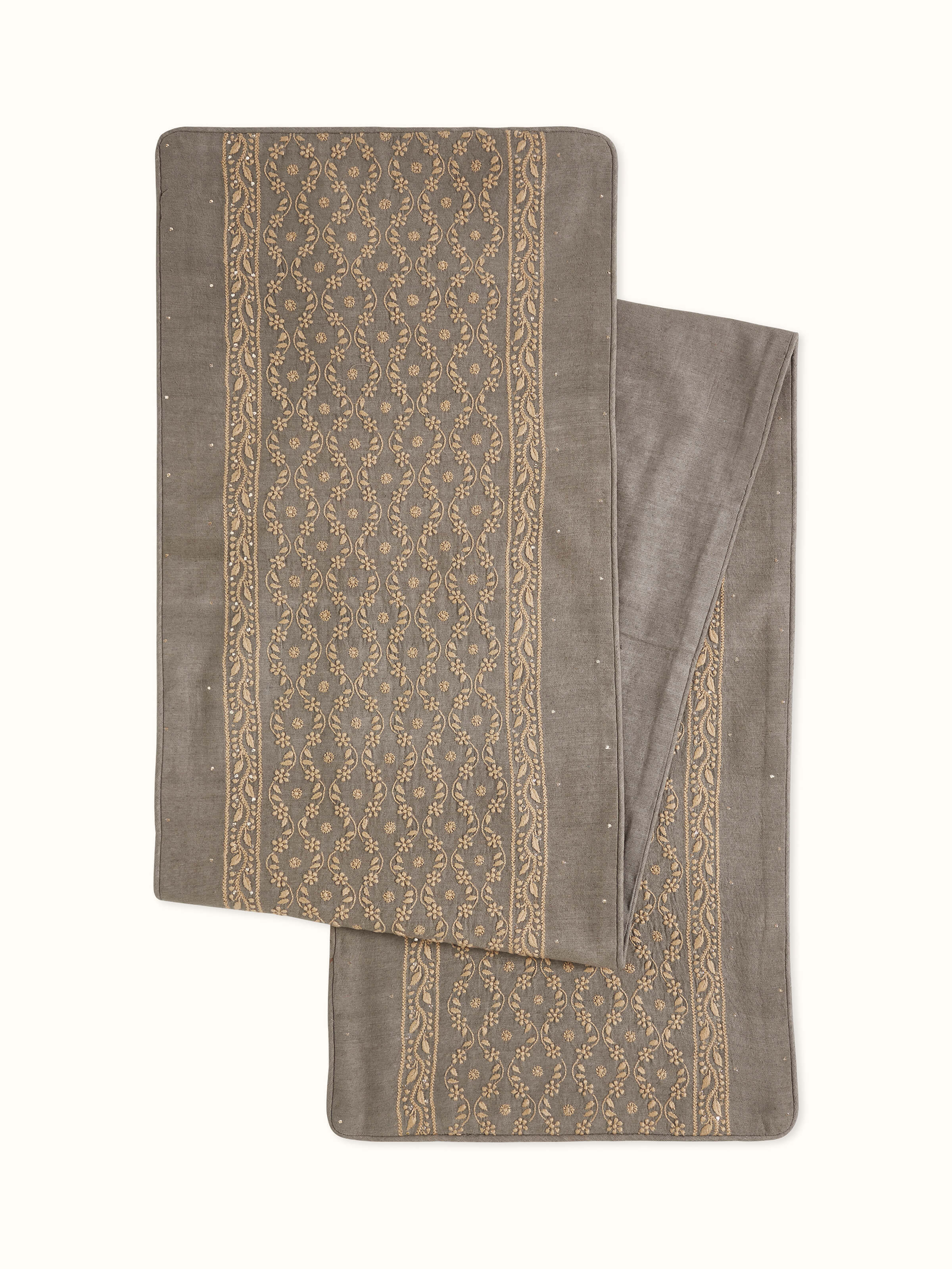 Pragya Grey Ogee Silk Chikankari Hand Embroidered Table Runner