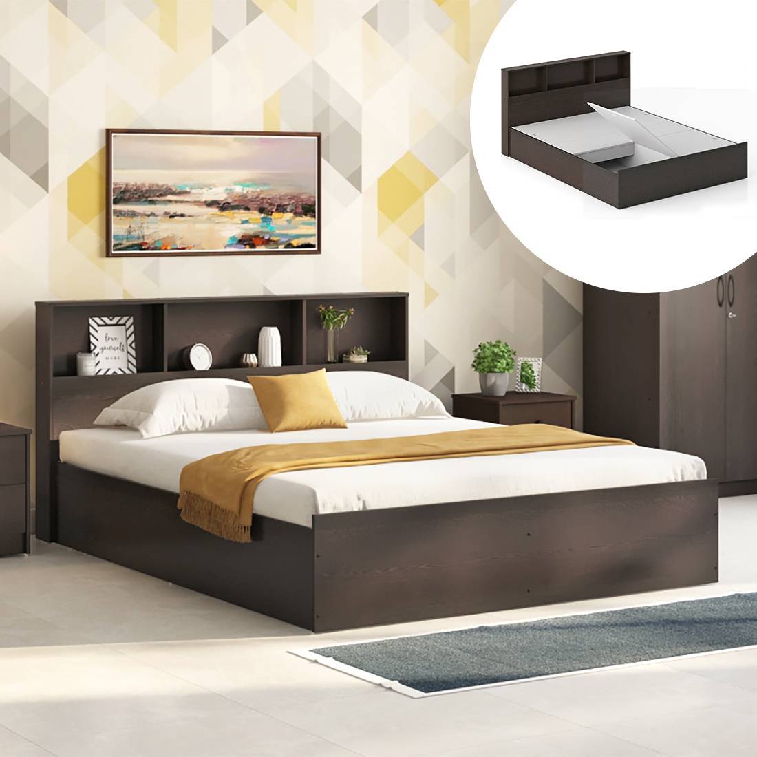 Jasper Engineered Wood King Size Box Storage Bed In Dark Wenge Finish - Urban Ladder