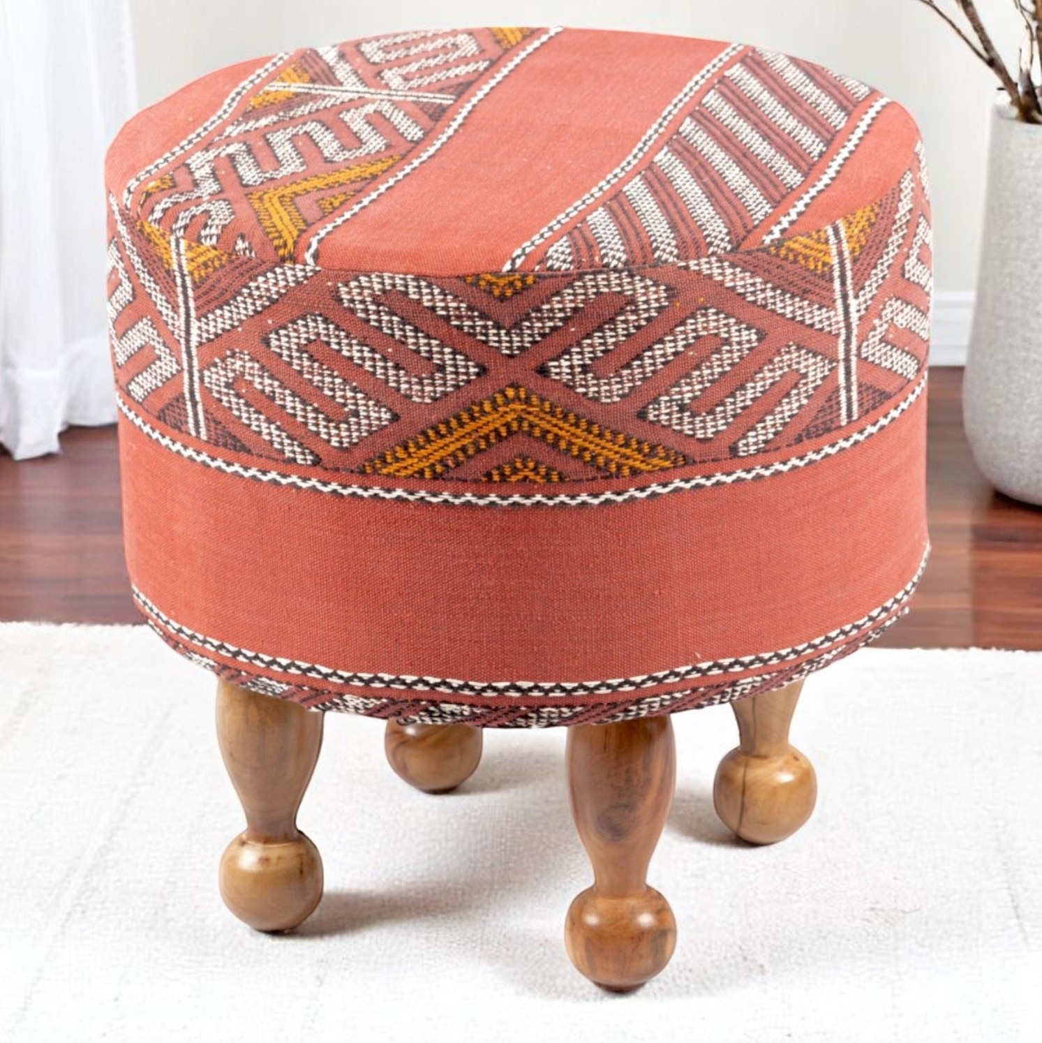 Louisville Acacia Wood Parisian Round Pouf Stool in Red Jacquard